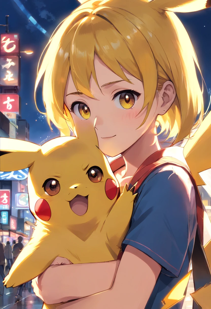 1 girl paying with Pikachu, Pikachu is playful and cute,Liveliness and agility,Yellow soft hairs,red blush,sparkling big eyes,Cute little pointed ears。(Pikachu:1.5)