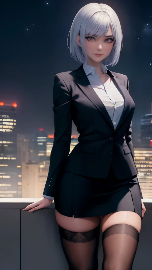 (masterpiece), (highest quality), (perfect face), extremely fine skin pores, (fine skin:1.2), art station, night, office, night sky,
cool girl, Dark Business Jacket, Dark Business Skirt, Thighhighs, black short hair, Clear face, light smile, Are standing, portrait,