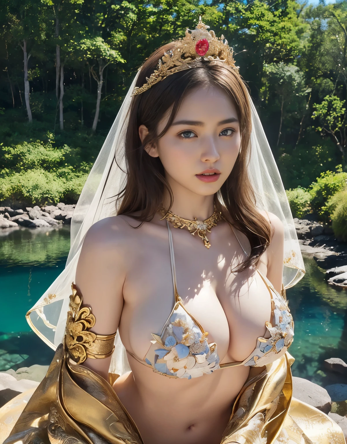 highest quality、masterpiece、Super high resolution、(Gold Dragon Armor)、(((big breasts)))、(((large floral ornament on the head))),(((Micro bikini with attention to detail))),(wears a beautiful crown made of precious stones),(Photoreal:1.4)、RAW photo、1 girl、(((random hair))、(((take various poses)))、glowing skin、(((white dragon)))、intricate and gorgeous hair ornaments、(Looks like a gorgeous jewelry necklace)、(whole body angle)、(fight big dragonet bikini)、((beautiful lake background)),(beautiful forest background)、((Super realistic details))、Portrait、global illumination、(sexy pose)、Shadow、octane rendering、16K、big breasts、Raw skin exposed in the cleavage、Metal、intricate decorative details、Japan details、very intricate details、blue eyes、Eyes shining towards the camera、two stock、(whole body angle)、(veil)、(((heavy big))),((she is wearing a beautiful jeweled bangle.)),