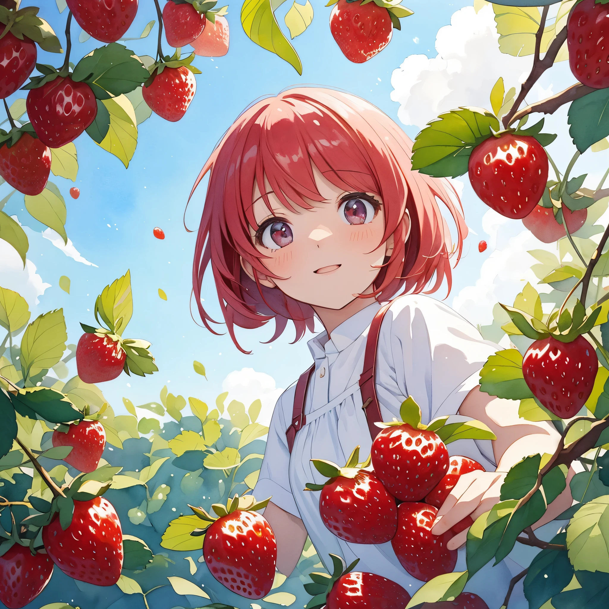 In a watercolor animation scene, the screen is filled with so many delicately sparkling strawberrys. At the bottom center of the image is a cute anime girl looking up at strawberrys in awe. His face is full of excitement and surprise. Anime girls have an adorable, moe-type appearance. The watercolor style gives the scene a soft quality. The strawberrys come in different sizes and have a subtle iridescent sheen that adds a magical feel to your images.