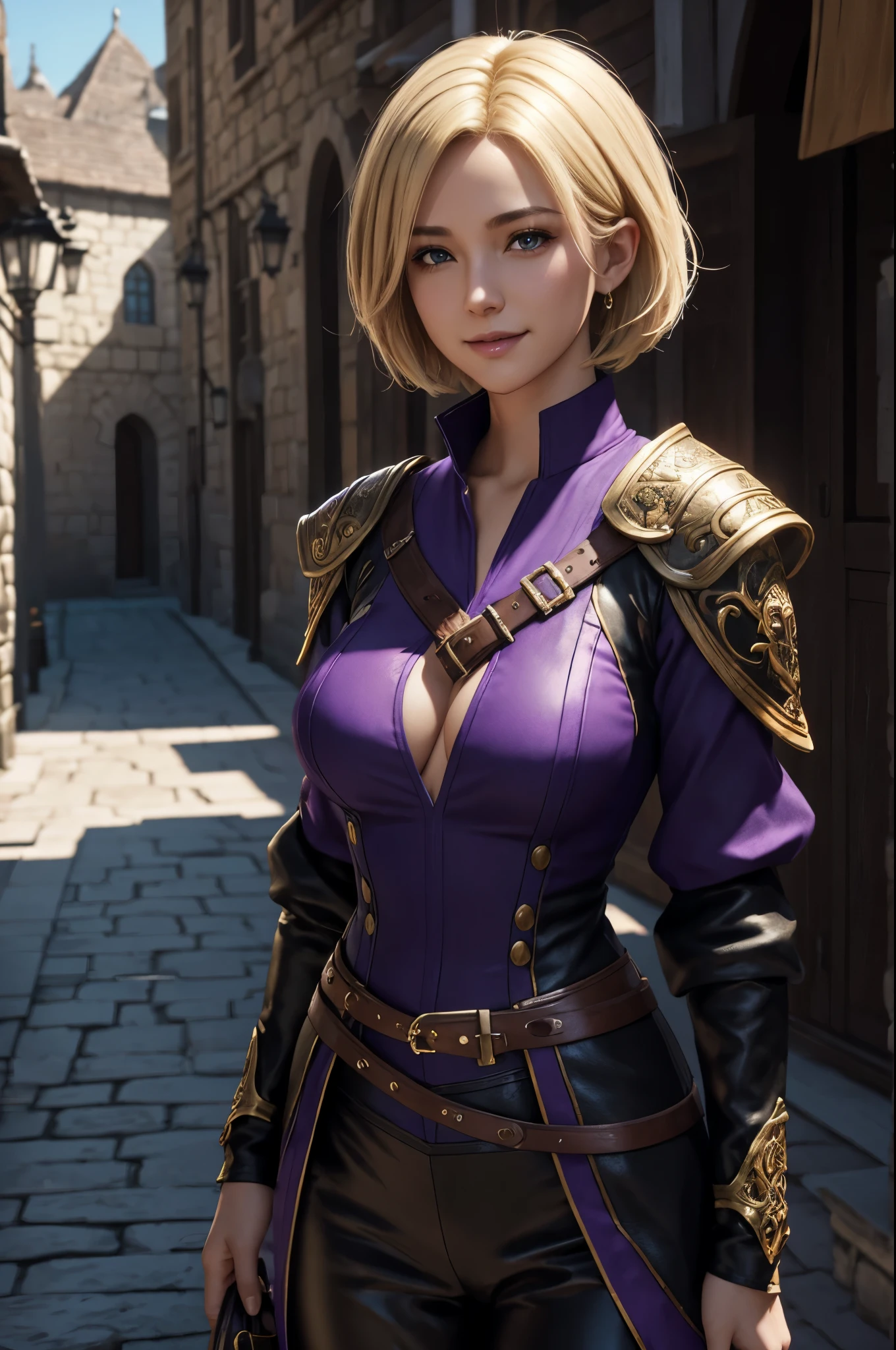 8K,Smiling blonde short bob hair,Super beautiful(like the real thing),medieval buildings,Arafed woman wearing a purple and black shirt and jacket enjoying shopping, super detailed fantasy characterss, 3d rendering character art 8k, types of bacteria ; 3d unreal engine, fantasy costume, 4k detailed fantasy, 2. 5d cgi anime fantasy artwork, fantasy characters, gorgeous purple and black pants, seductive woman, 素晴らしいcharacter art,Photorealistic RAW photos of the highest quality。bright colors,rich colors, Backlight, cinematic lighting, film grain, to be born, 50mm lens, Nikon D850,realistic skin,fantasy art,character art,ultra high resolution,realistic skin,medieval cityscape,small breasts,Close-up,