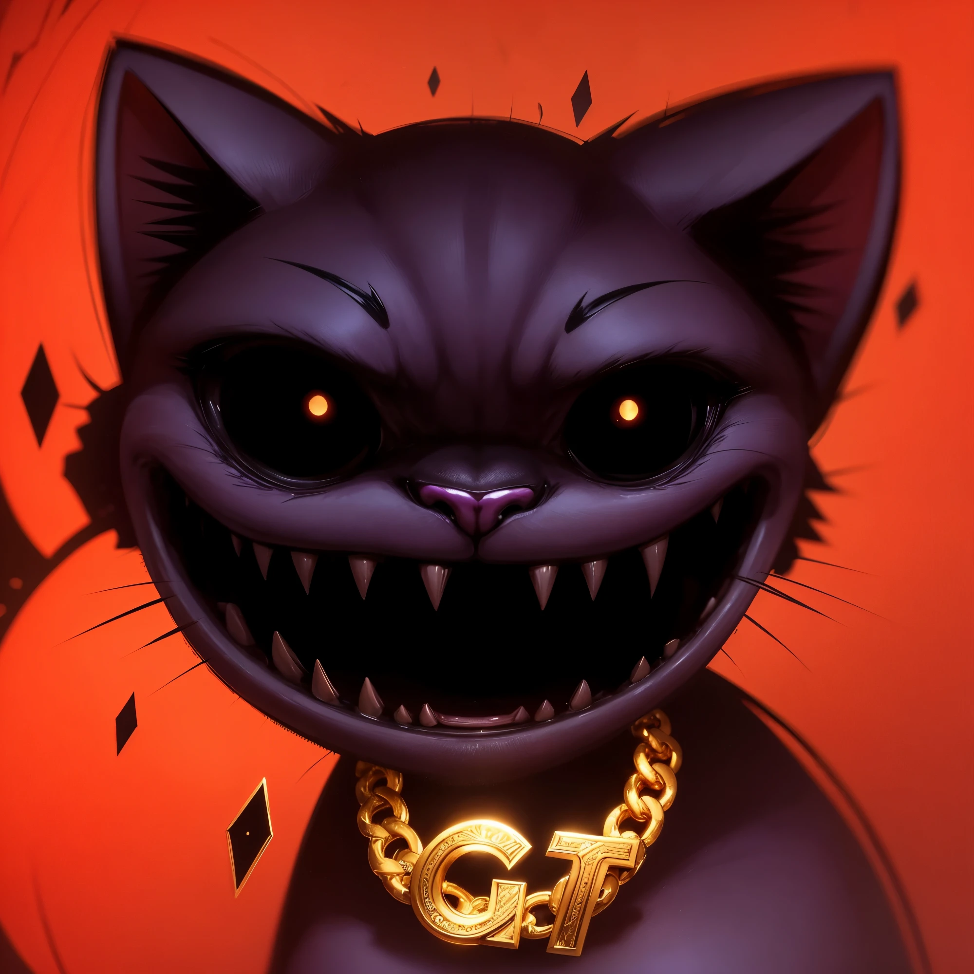 Distorted fantasy letters, Symmetrical,  (Gold bars ), diamonds, gold chain,a close up of a cartoon cat with a big smile on its face, black smile, black eyes, eyes without pupils,No teeth, grinning sinisterly, grinning lasciviously, unsettling grin, evil grin, smiling but has a temper, grimace, [[[[grinning evily]]]], wide evil grin, purple cat, smug grin, the cat is smiling, evil smirk, The tail is in the background, 4K