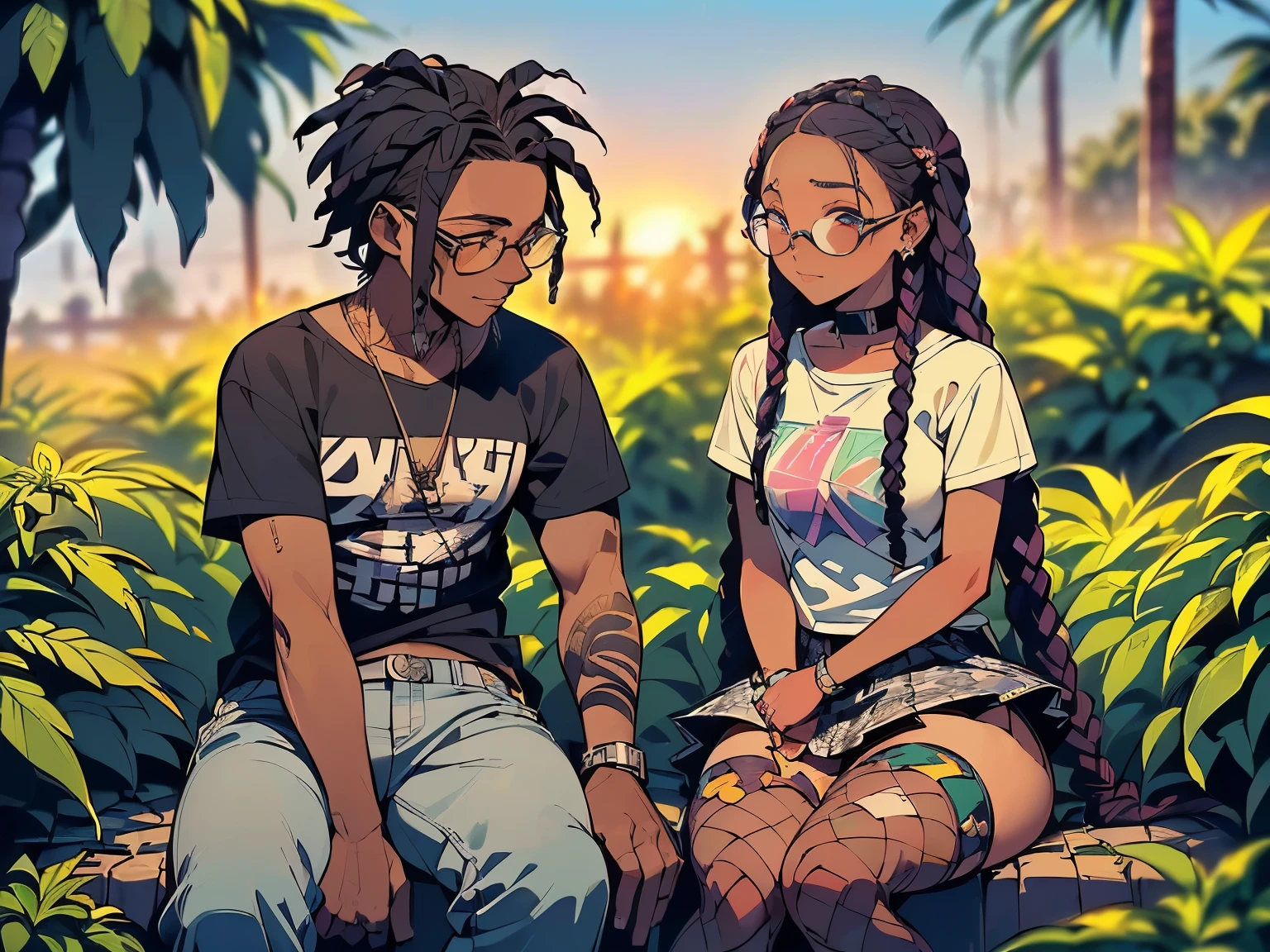 Photo of two people in love spending a quiet morning together, {((joyful ((lithe short ((dark-skinned Honduran)) punk girl with long freeform braided locs hairstyle and hairy legs)) (wearing cropped punk T-shirt and pleated skirt with fishnet stockings), plump thighs and soft big jiggly butt, (wearing diamond choker necklace), (cannabis flower tattoos on arms and legs), plump legs spread apart}, girl  sitting next to a ((cheerful tanned Haitian Dominican boy with long braided hair and glasses wearing colorful shirt with black jeans)) in middle of garden rolling up herbal joint while peacefully observing the sunrise, high quality photo, sitting quietly (with many cannabis sativa plants and juniper shrubs in garden during foggy sunrise)