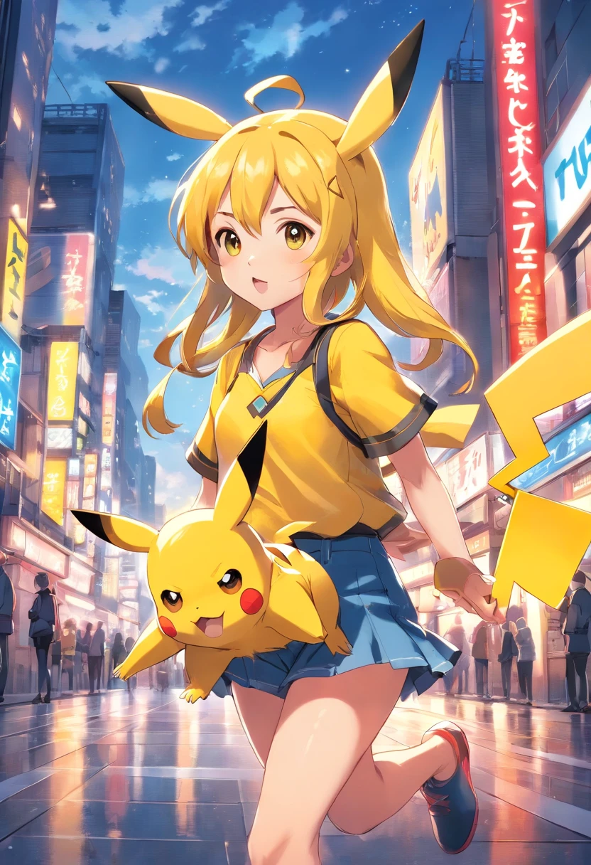 1 girl paying with Pikachu, Pikachu is playful and cute,Liveliness and agility,Yellow soft hairs,red blush,sparkling big eyes,Cute little pointed ears。(Pikachu:1.5)
