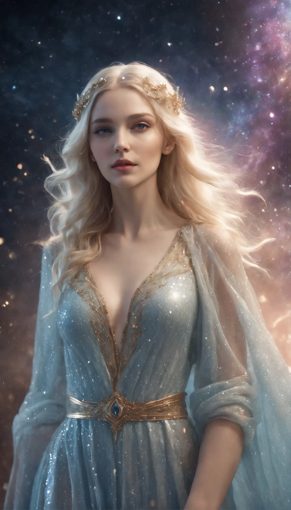 A young beautiful woman, goddess of stars, long wet pale blonde hair, perfect body, perfect round breast, soft and attractive, wearing ancient styled glittering peplos, standing and starring, sparkling and glittering stardust around her, high resolution, fantasy photo, vivid, medium view, Enter a captivating scene, How energetic stardust particles ignite the air around you, Creates a stunningly dynamic atmosphere. Creative lighting styles bathed in brilliant light, hell light, Harmonizes with rotating stardust particles . Crafted with meticulous precision,Render in stunning 10k high resolution, This masterpiece incorporates the artistic medium of digital illustration, Mystical realism, and contemporary surrealism, The ethereal beauty of glittering stardust, space stars enhance the sense of magic and wonder.