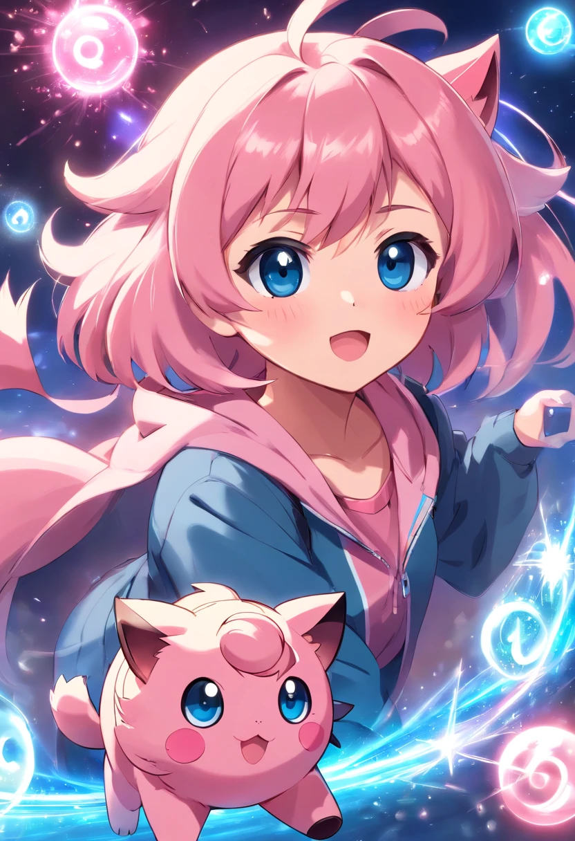 1 girl paying with Jigglypuff, Jigglypuff is playful and cute,Liveliness and agility,pink soft hairs,sparkling big eyes, Cute little 。(Jigglypuff:1.5)