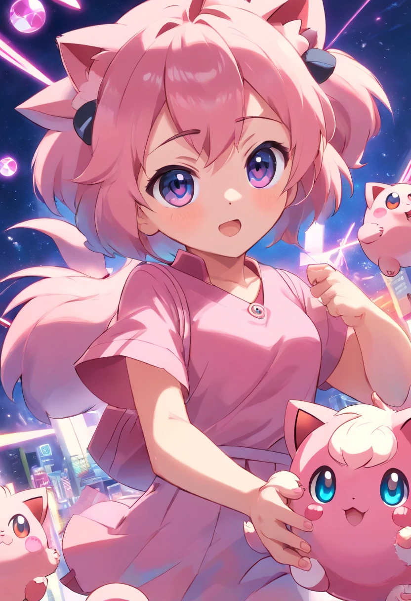 1 girl paying with Jigglypuff, Jigglypuff is playful and cute，Liveliness and agility，pink soft hairs，sparkling big eyes, Cute little 。(Jigglypuff:1.5)