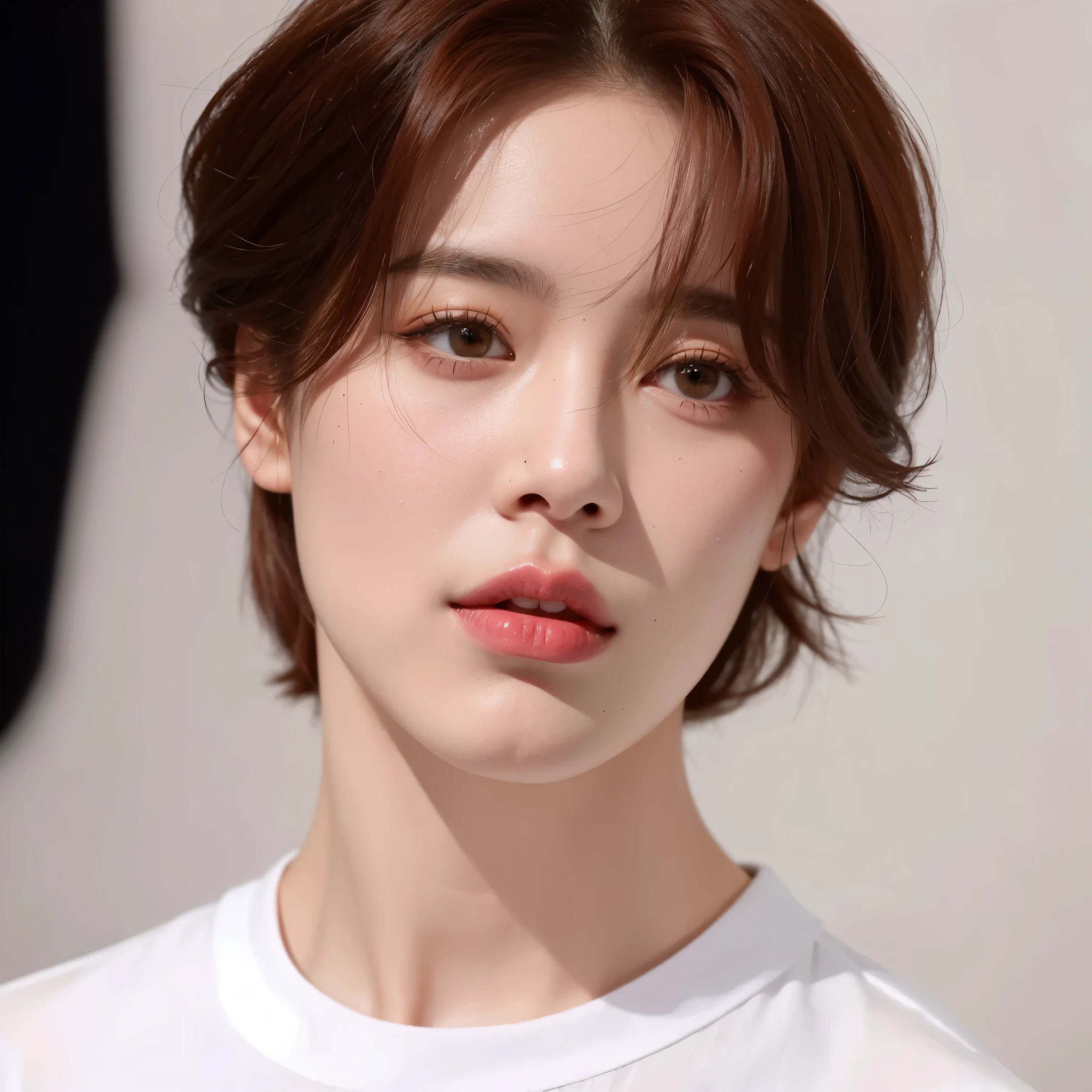 um close de uma pessoa com uma camisa branca e cabelo ruivo, Jung Jaehyun, Jimin, park Jimin, Jimin\the full lips, Jimin\the right eyelid is swollen, accurate Jimin face, Jimin\o nariz grego, taejune kim, kpop idol portrait, artista coreano, Retrato de Jossi do Blackpink, hyung tae, adorable and pale korean face