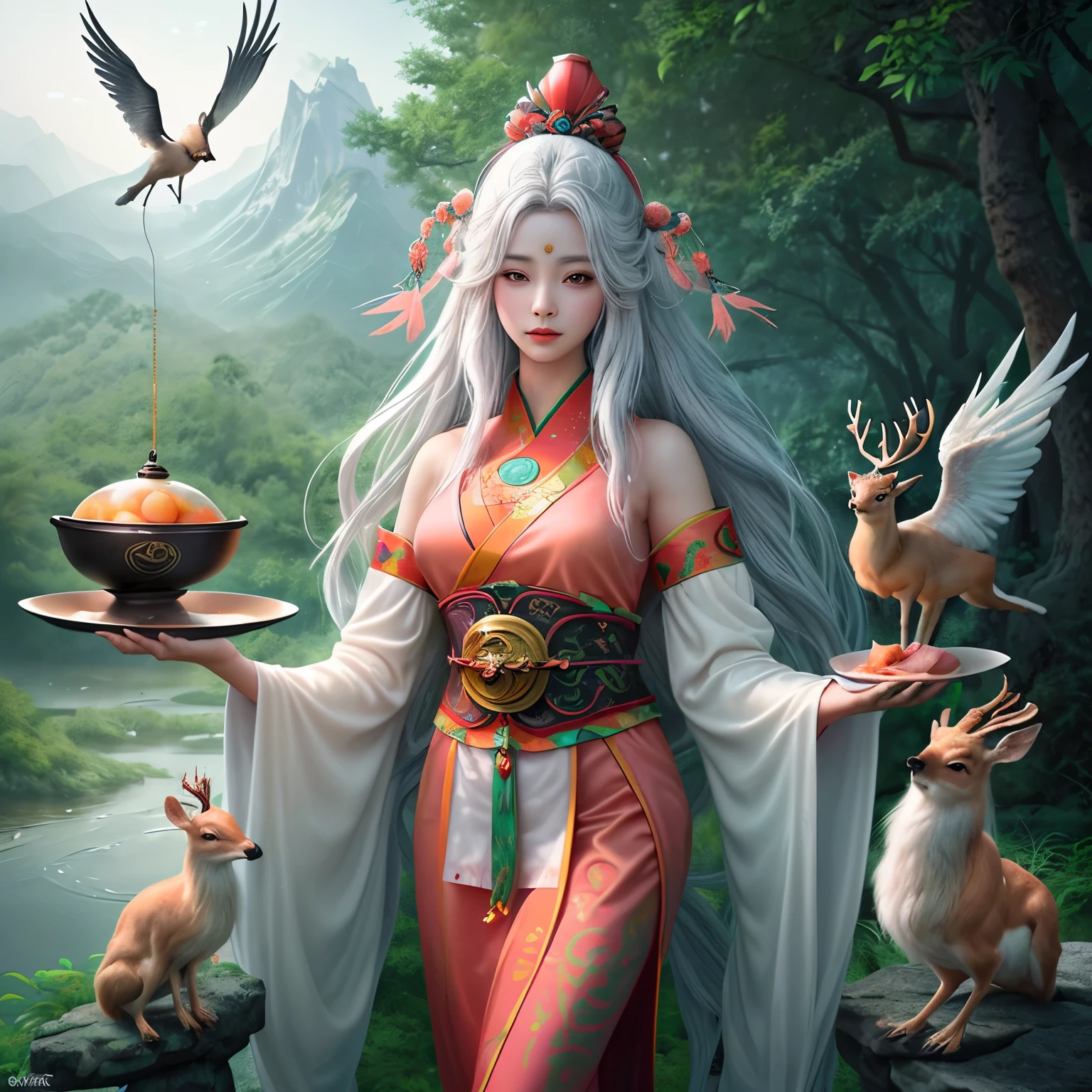 Create a 4K ultra -realistic image of Magu, the Taoist goddess, young and ethereal, with long loose hair and thin nails like a bird. Dressed in traditional costumes adorned with esoteric symbols, hold a tray with the elixir of immortality. Set in a mystical landscape of mountains and forests, include elements of longevity such as peaches and a deer. Capture your aura of wisdom and serenity, with lighting that enhances your divine figure and harmony with nature, reflecting your connection with immortality.