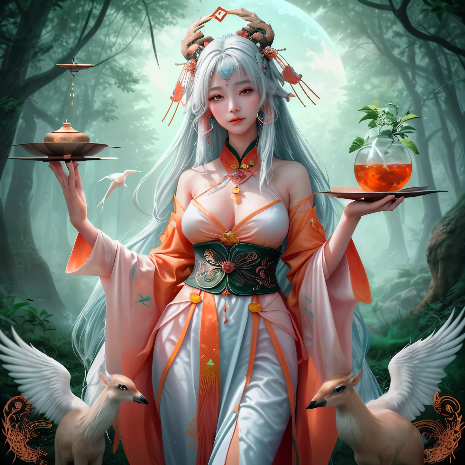 Create a 4K ultra -realistic image of Magu, the Taoist goddess, young and ethereal, with long loose hair and thin nails like a bird. Dressed in traditional costumes adorned with esoteric symbols, hold a tray with the elixir of immortality. Set in a mystical landscape of mountains and forests, include elements of longevity such as peaches and a deer. Capture your aura of wisdom and serenity, with lighting that enhances your divine figure and harmony with nature, reflecting your connection with immortality.