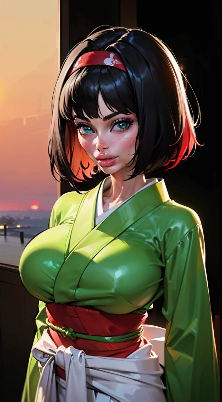 ((Dynamic view)), (((1girl:1.8))), ((short hair:1.3)),  style, ((dark hair:1.4)), anime style, (((Erika))) (((black hair:1.6))) (((smoldering eyes))), ((kimono band around waist:1.5)), ((bright light:1.5)), 8k, 4k, Unreal Engine 5, octane render, ((gigantic breasts)), trending on pixiv, ((pokemon character)) ((green kimono:1.4)), , skeb,  masterpiece,(skindentation:1.4), (full lips:1.5), ((red hair band:1.4)), (((sunset lighting))), smooth soft skin, big dreamy eyes, beautiful anime wide eyes, black background, concept art, digital painting,