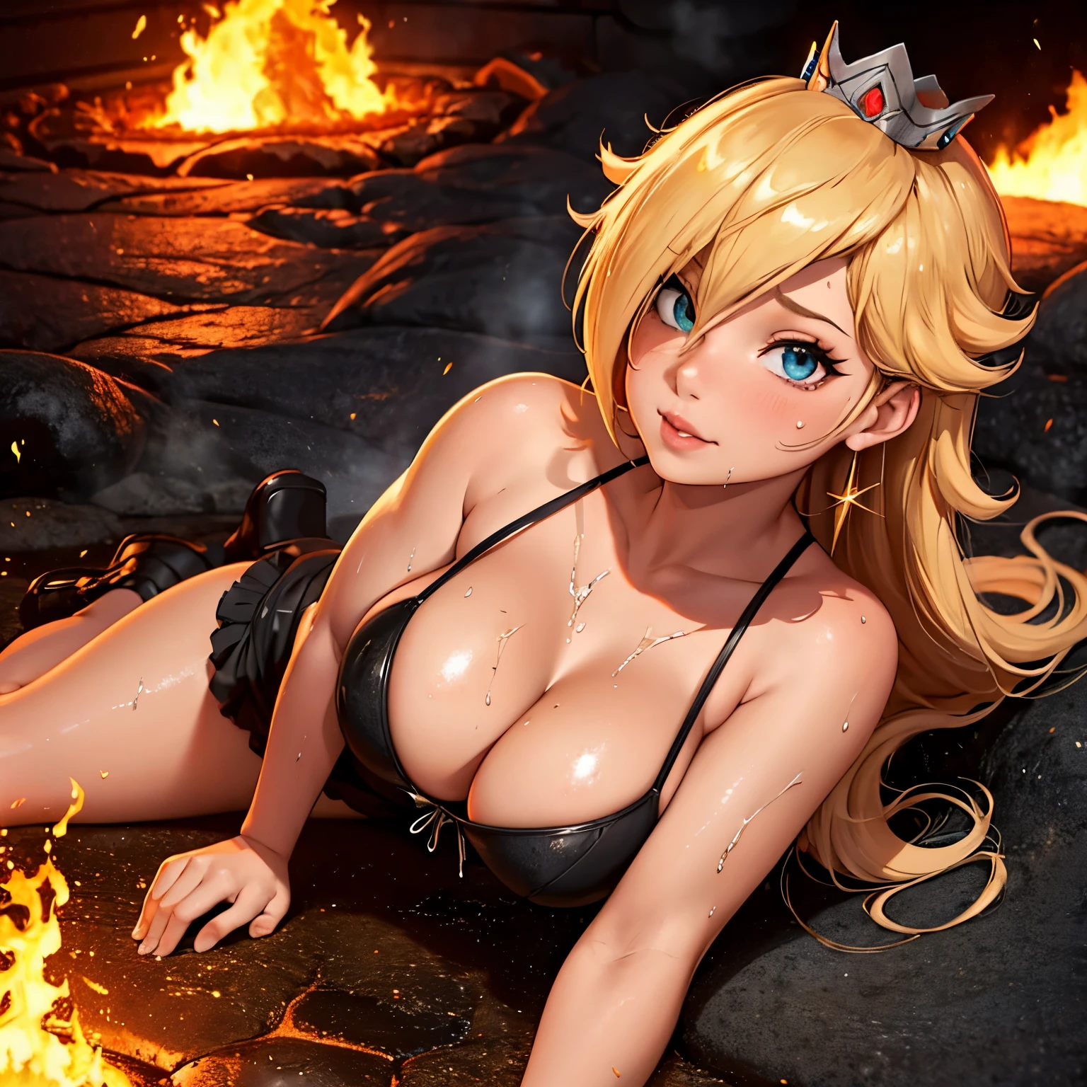 Rosalina, Hot cleavage, frontal view of the tits, Tits in close-up, hot provocative tits, very hot cleavage, only her, 1 girl, titfuck pose, titfuck position, titfuck view, blue corset, crown, full body, crown visible, covered nipples, sweet smile, into the volcano, her tits touch the lava and Rosalina burns, Rosalina's tits are on fire and burn in the lava, The floor is molten lava, lava bath, covered in lava, her tits are burning from the lava.  lava background,  burned on the lava,  burning on the lava, her tits burning from the lava, sweaty tits, sweaty, very hot environment, very high temperature, in a volcano, Tits covered with lava, tits in the lava, burning  in The lava, Tits resting on the lava while they burn, Tits with a lot of sweat, very wet tits, tits soaked in lava, hot lava touching and wetting her tits, burning tits, very sweaty tits, Rosalina lying on the floor with lava while her tits are resting on the lava and are burning from the lava, A river of lava under her tits begins to burn her corset, her tits are smoldering and burning, her tits are reddened from the heat of the lava and magma running across the floor and reaching her tits, cleavage fuckable, titty fuckable, titty front view, tits looking at viewer, tits in closeup, hot tits, tits ready to titfuck, POV titfuck, POV titfuck pose 