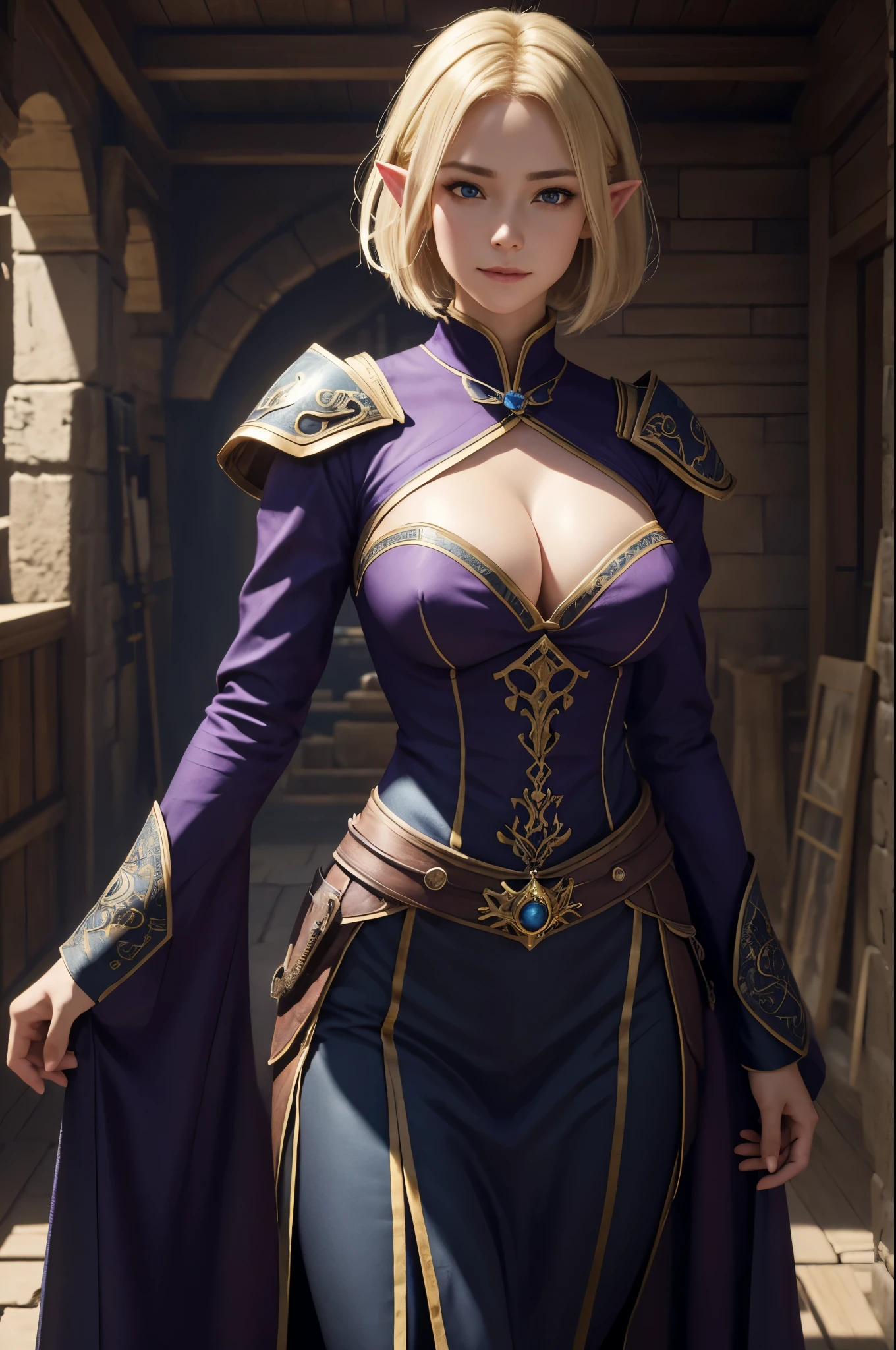 8K,Smiling blonde short bob hair,Super beautiful(like the real thing),medieval buildings,Arafed woman wearing a purple and black shirt and jacket enjoying shopping, super detailed fantasy characterss, 3d rendering character art 8k, types of bacteria ; 3d unreal engine, fantasy costume, 4k detailed fantasy, 2. 5d cgi anime fantasy artwork, fantasy characters, gorgeous purple and black pants, seductive woman, 素晴らしいcharacter art,elf ears,Blue and white commoner's dress、Model Chute Style、(Highly detailed CG Unity 8K wallpaper)、Full shot body photos of the most beautiful artwork in the world、Front 4 poses、Green Valley、pearl skin、diamond、Medieval architecture、Ed Brink、Atei Gairan、Studio Ghibli、Jeremy Mann、greg manches、Antonio Moro、Trending at Art Station、CG trends、 crowded、、down to the last detail、sharp focus、Dramatic and photorealistic painting art by Midjourney and Greg Rutkowski、blue eyes、beholder、beautiful expression、emphasize cleavage、beautiful decoration、laughter,inside the cave,Photorealistic RAW photos of the highest quality。bright colors,rich colors, Backlight, cinematic lighting, film grain, to be born, 50mm lens, Nikon D850,realistic skin,fantasy art,character art,ultra high resolution,realistic skin,medieval cityscape,
