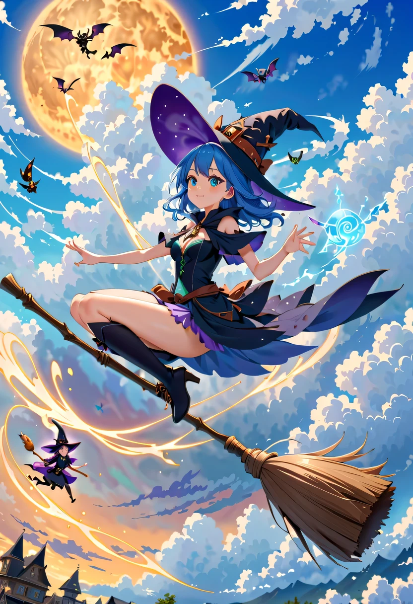 Bright blue sky，beautiful clouds，There is a sky witch flying in the clouds on a magic broom，Various witches are chasing her in the background，Beautiful sky witch riding magic broom