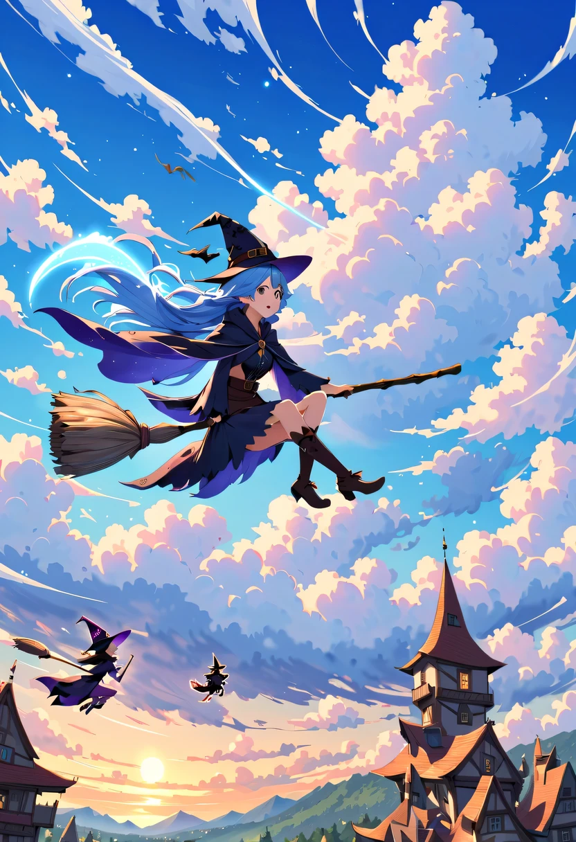 Bright blue sky，beautiful clouds，There is a sky witch flying in the clouds on a magic broom，Various witches are chasing her in the background，Beautiful sky witch riding magic broom