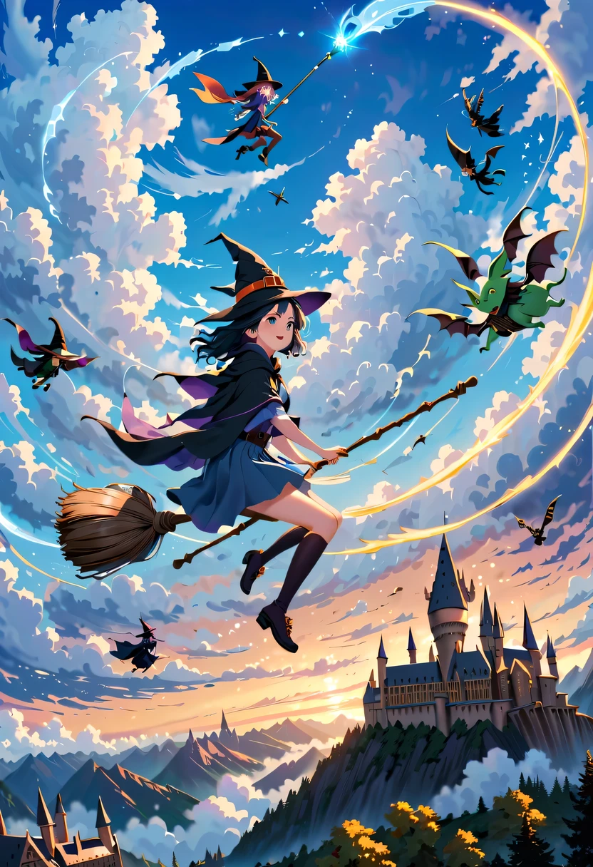 Bright blue sky，beautiful clouds，There is a sky witch flying in the clouds on a magic broom，Various witches are chasing her in the background，Hogwarts，Beautiful sky witch riding magic broom