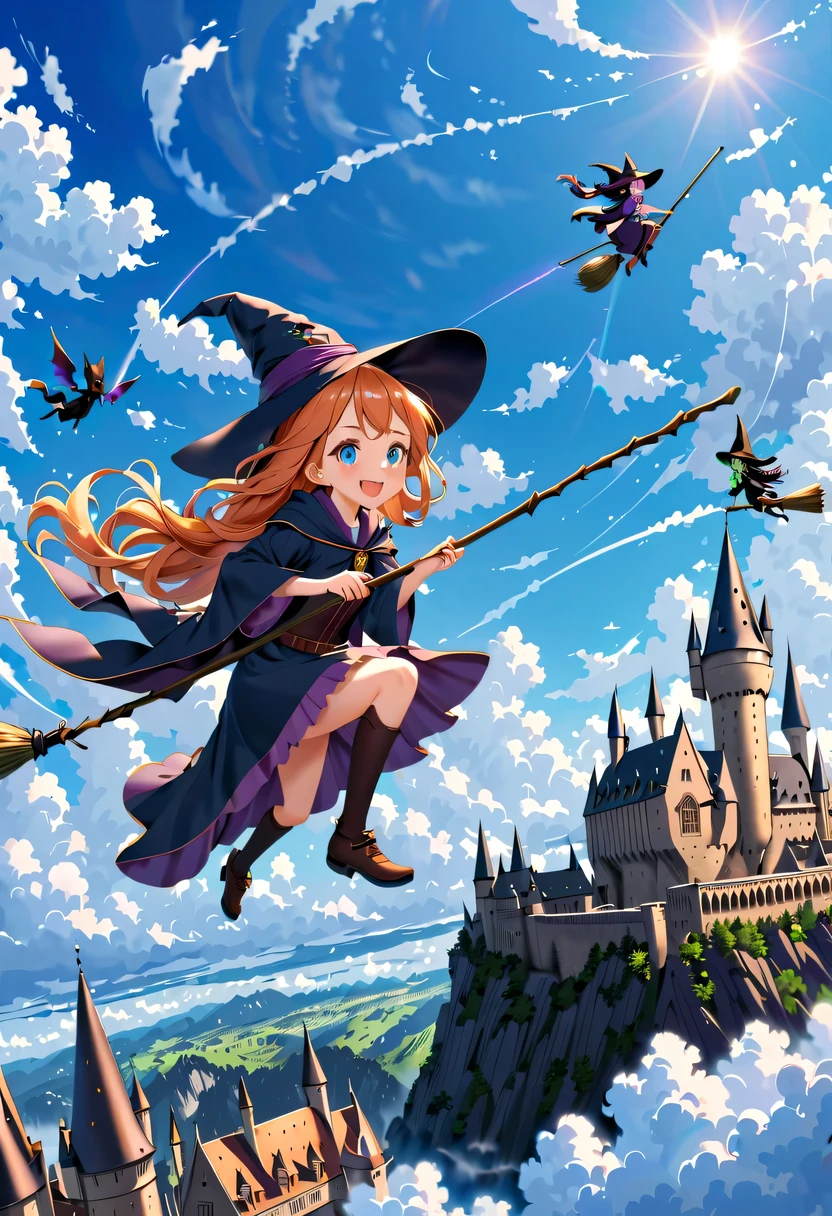 Bright blue sky，beautiful clouds，There is a sky witch flying in the clouds on a magic broom，Various witches are chasing her in the background，Hogwarts，Beautiful sky witch riding magic broom