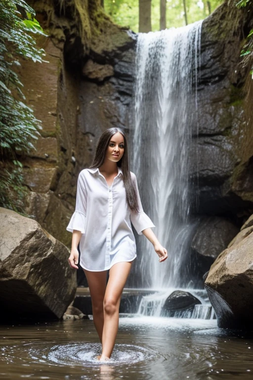 Young woman playing in the waterfall, white shirt, ridged sleeves, long straight hair, realistic.
