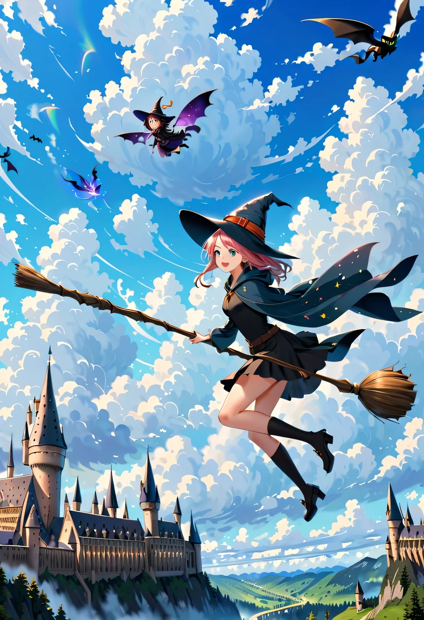 Bright blue sky，beautiful clouds，There is a sky witch flying in the clouds on a magic broom，Various witches are chasing her in the background，Hogwarts，