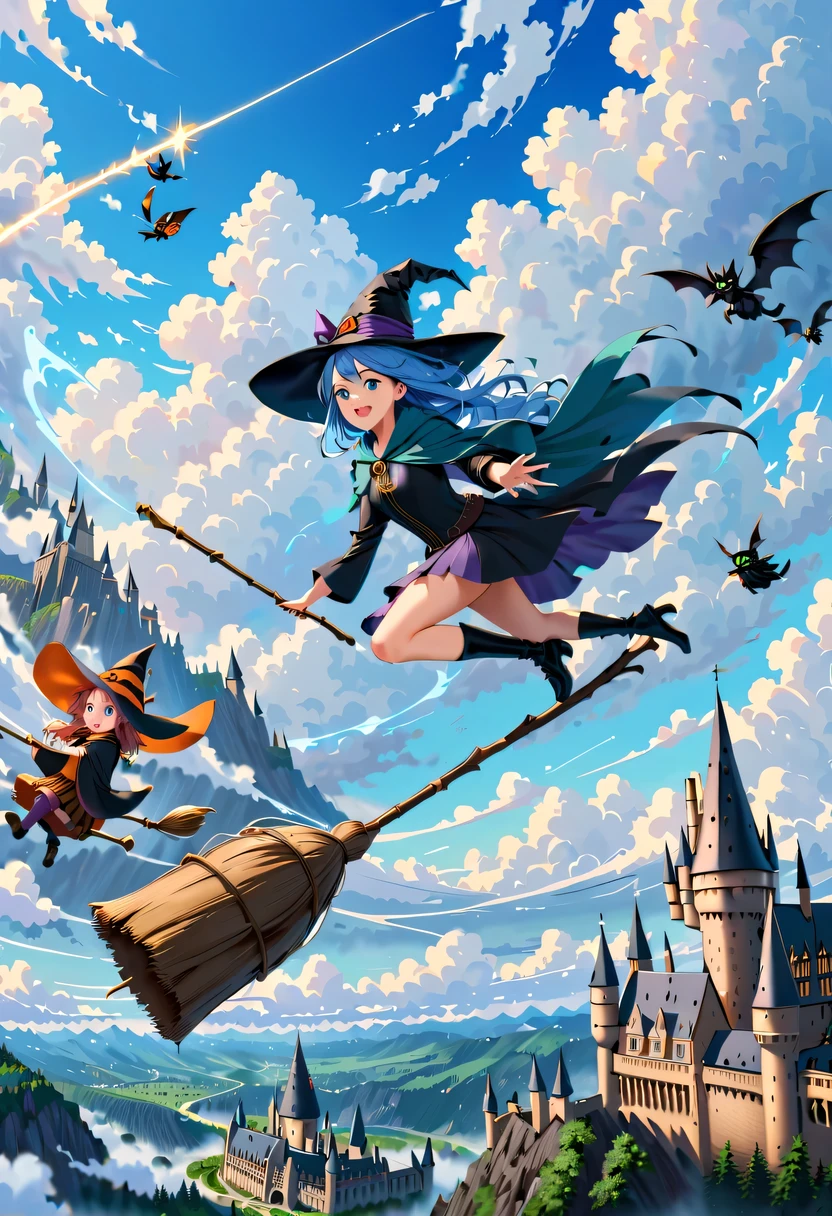 Bright blue sky，beautiful clouds，There is a sky witch flying in the clouds on a magic broom，Various witches are chasing her in the background，Hogwarts，