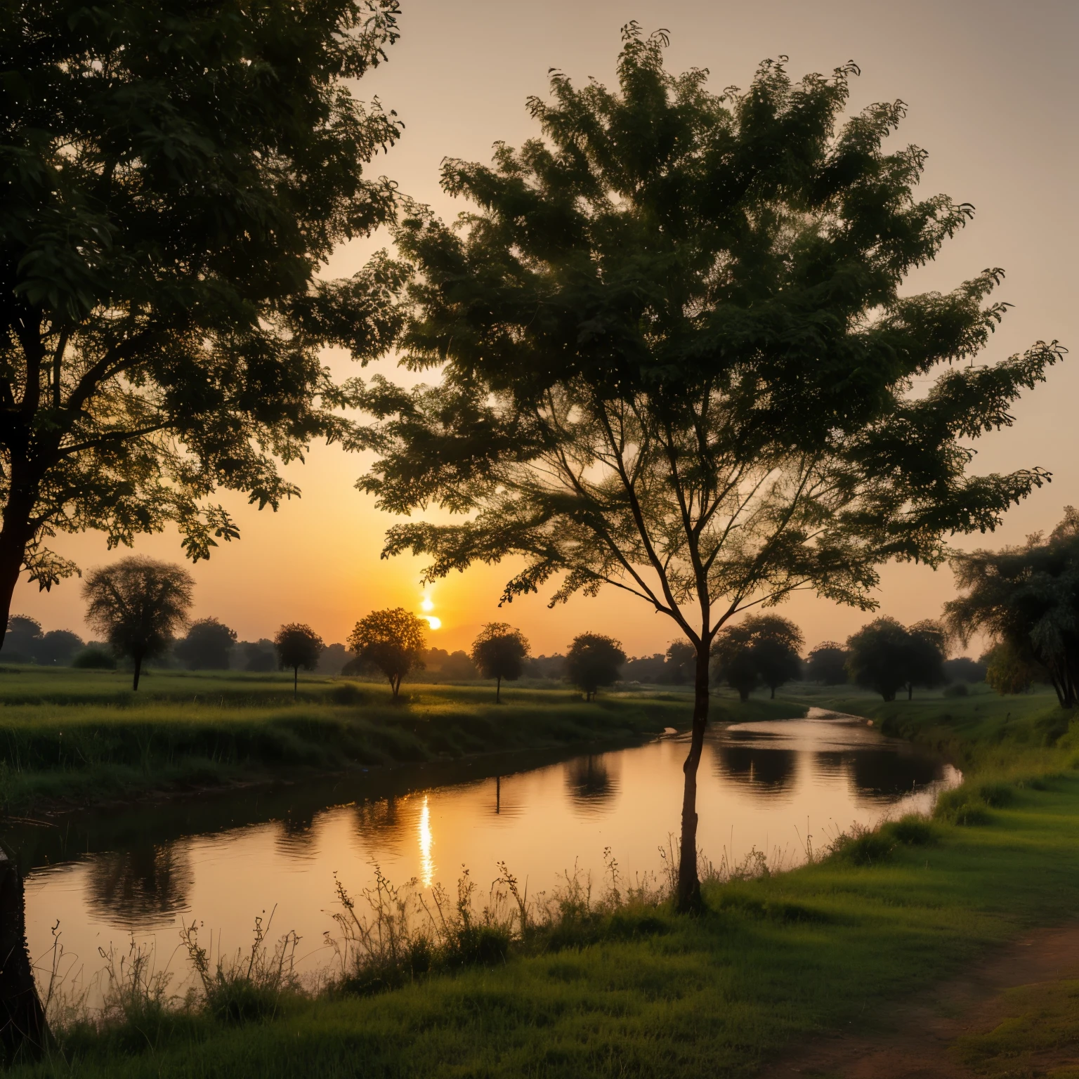 Tree and bushes, grass, beside a river in an Indian village , sunset time , sunset