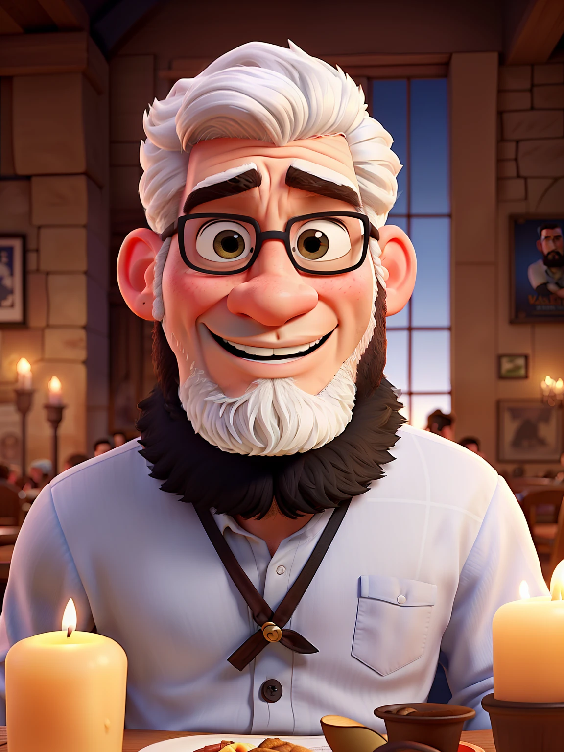 Poster not in the style of Disney Pixar, High quality, better quality, Sexy White Man, 30 years, White hair, Blackbeard, Muscular, In the background in a restaurant by candlelight