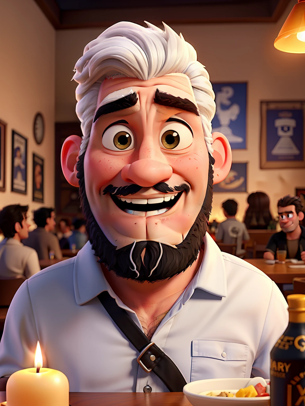 Poster not in the style of Disney Pixar, High quality, better quality, Sexy White Man, 30 years, White hair, Blackbeard, Muscular, In the background in a restaurant by candlelight