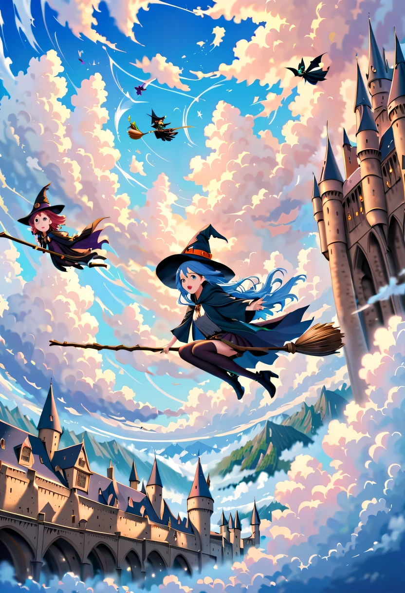 Bright blue sky，beautiful clouds，There is a sky witch flying in the clouds on a magic broom，Various witches are chasing her in the background，Hogwarts，