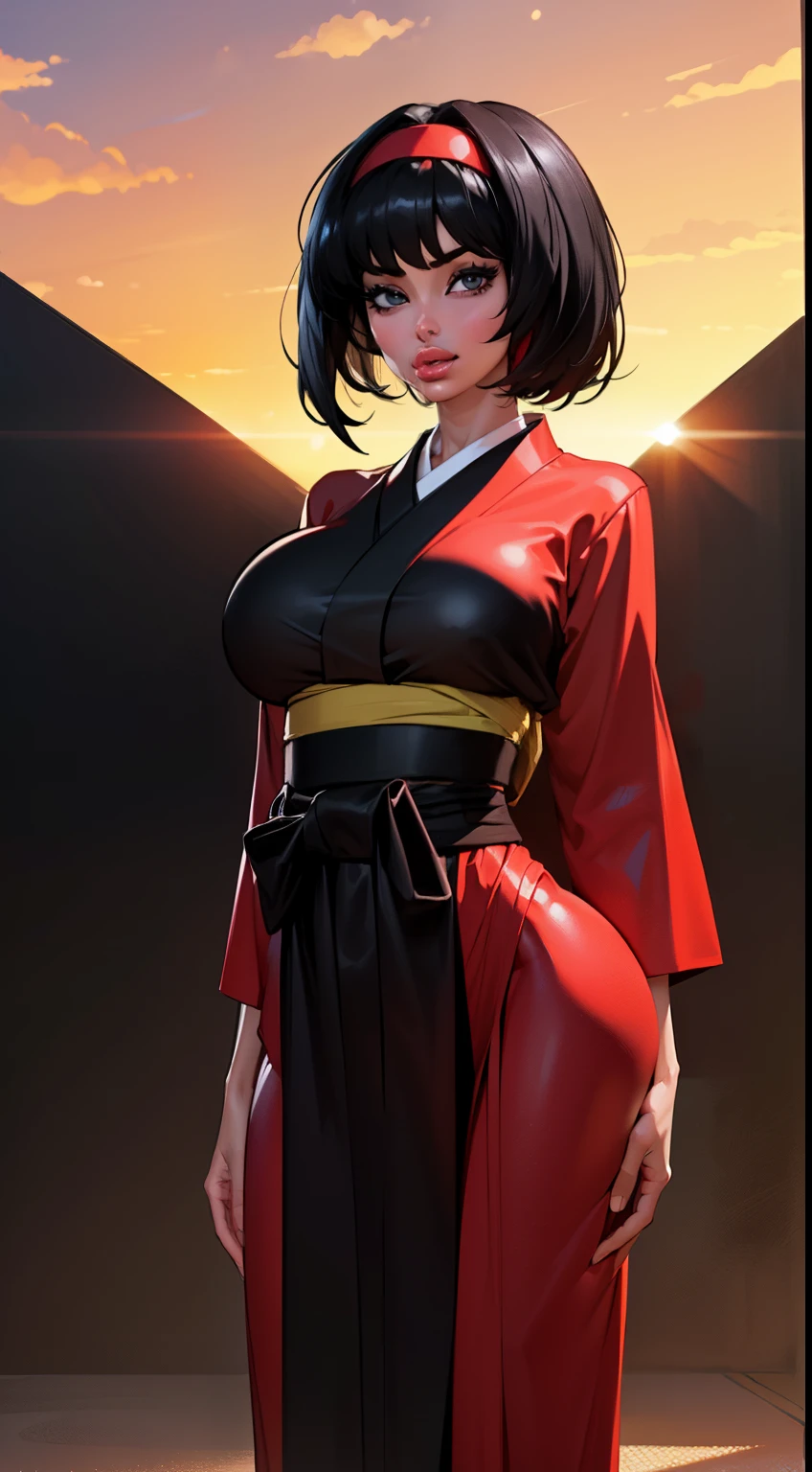 ((Dynamic view)), (((1girl:1.8))), ((short hair:1.3)),  style, ((dark hair:1.4)), anime style, (((Erika))) (((black hair:1.6))) (((smoldering eyes))), ((kimono band around waist:1.5)), ((bright light:1.5)), 8k, 4k, Unreal Engine 5, octane render, ((gigantic breasts)), trending on pixiv, ((pokemon character)) ((green kimono:1.4)), , skeb,  masterpiece,(skindentation:1.4), (full lips:1.5), ((red hair band:1.4)), (((sunset lighting))), smooth soft skin, big dreamy eyes, beautiful anime wide eyes, black background, concept art, digital painting,