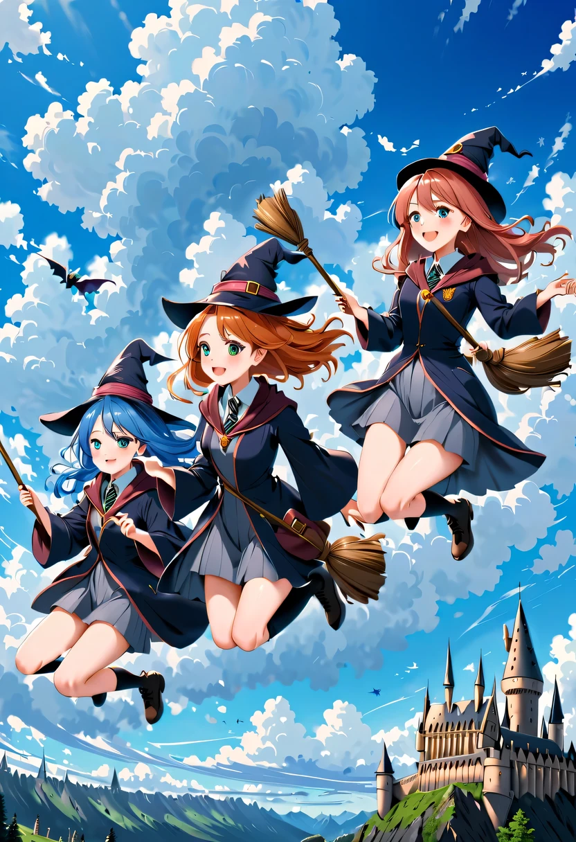 Hogwarts，Bright blue sky，beautiful clouds，Three sky witches flying in the clouds on magic broomsticks