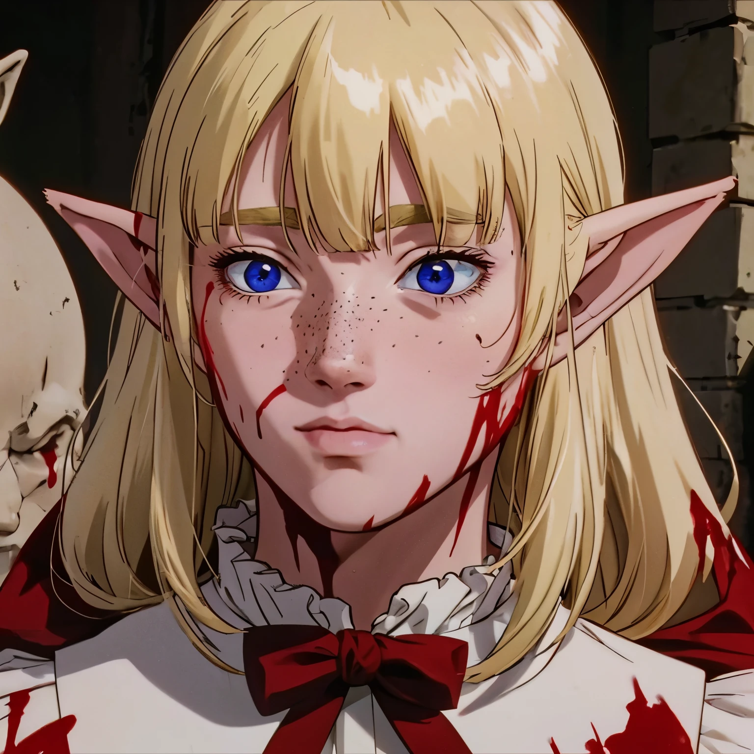a beautiful blonde woman with elf ears and freckles, With his face covered in blood from a fight