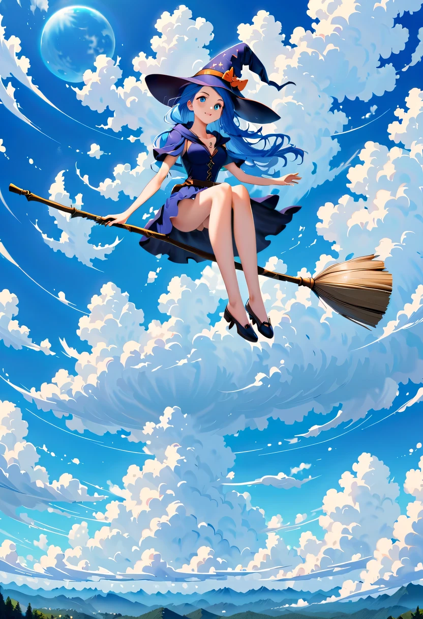 Bright blue sky，beautiful clouds，There is a witch flying in the clouds on a magic broomstick