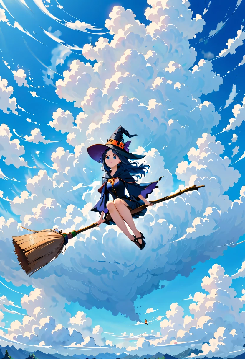 Bright blue sky，beautiful clouds，There is a witch flying in the clouds on a magic broomstick