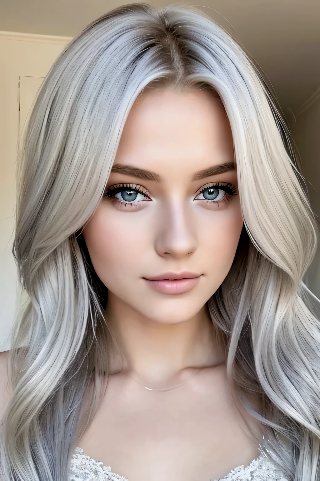 1 fille de 19 ans , cheuveux long blond reflet chatain , yeux gris , regard doux, clover necklace ,sexy, regarde la visionneuse, Angelique ,Deesse
