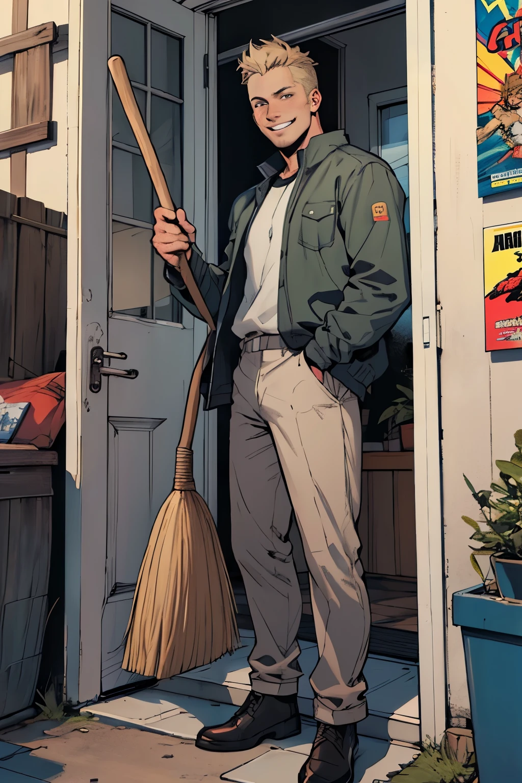 ((Best quality)), ((masterpiece)), (detailed), ((Comic book)) perfect face At the door of a panel house in Russia stood a forty-year-old white-skinned man with short blond hair, smiling kindly, with a broom in hand, in a work jacket.