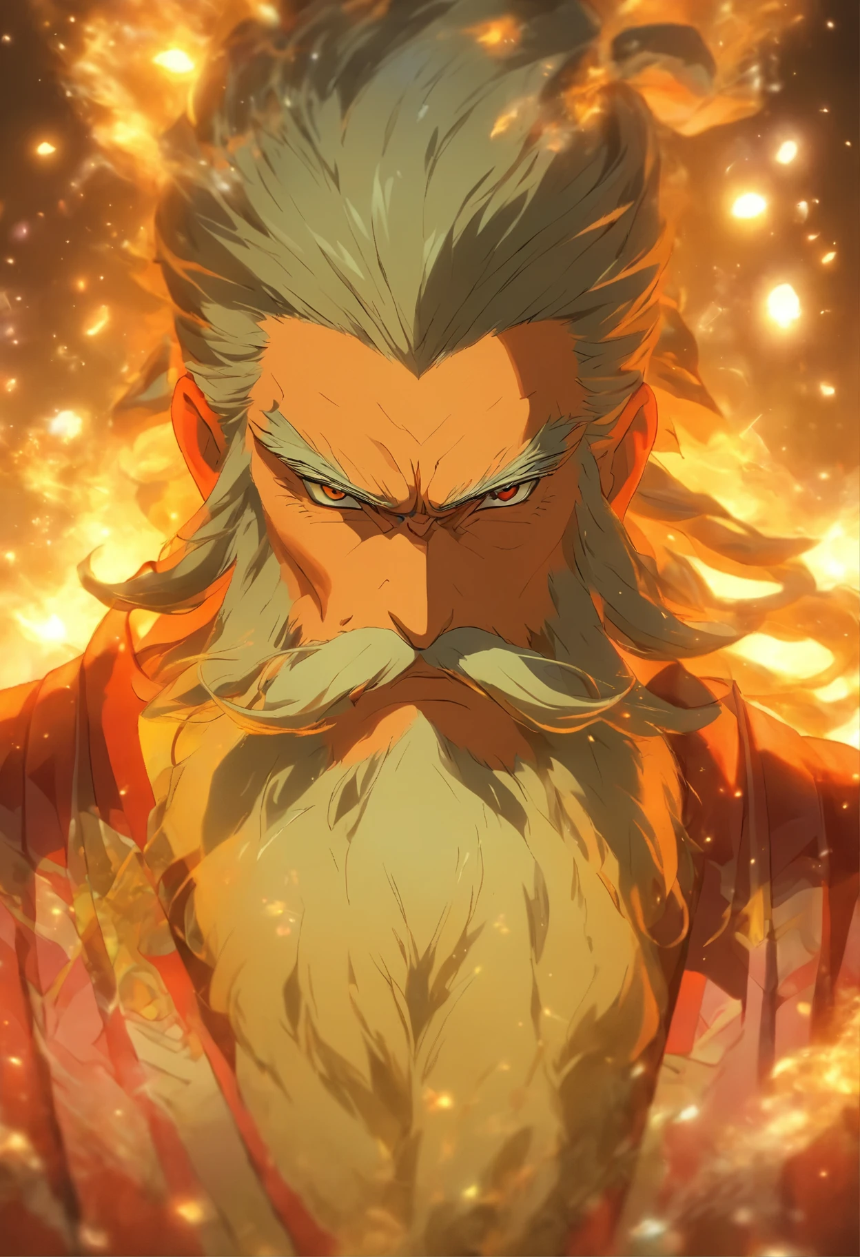 Description: Master Ryuto is a wise old man with a long beard and traditional master&#39;s clothing.. Ele segura um cajado com um cristal incrustado. Na imagem, he is in a meditative posture, com a sabedoria refletida em seus olhos.