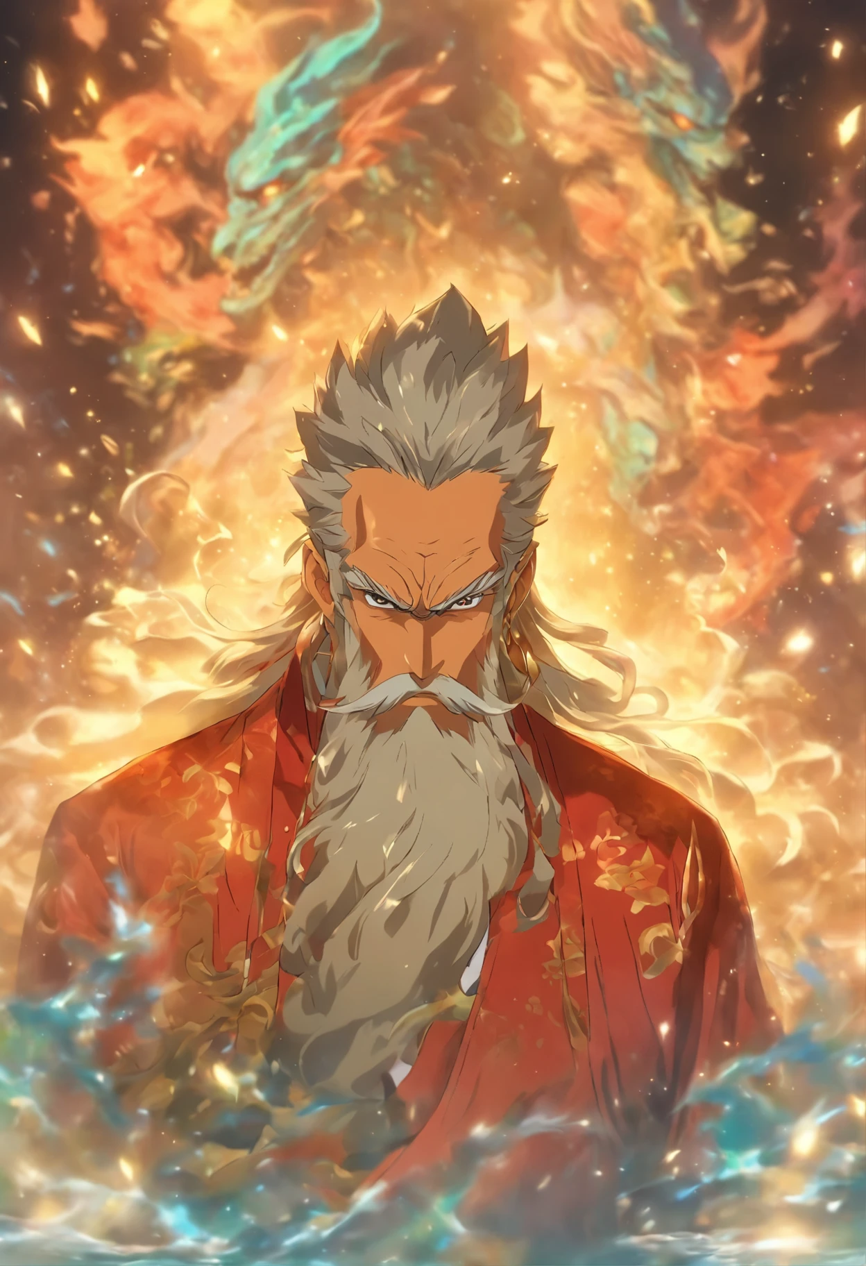 Description: Master Ryuto is a wise old man with a long beard and traditional master's clothing.. Ele segura um cajado com um cristal incrustado. Na imagem, he is in a meditative posture, com a sabedoria refletida em seus olhos.
