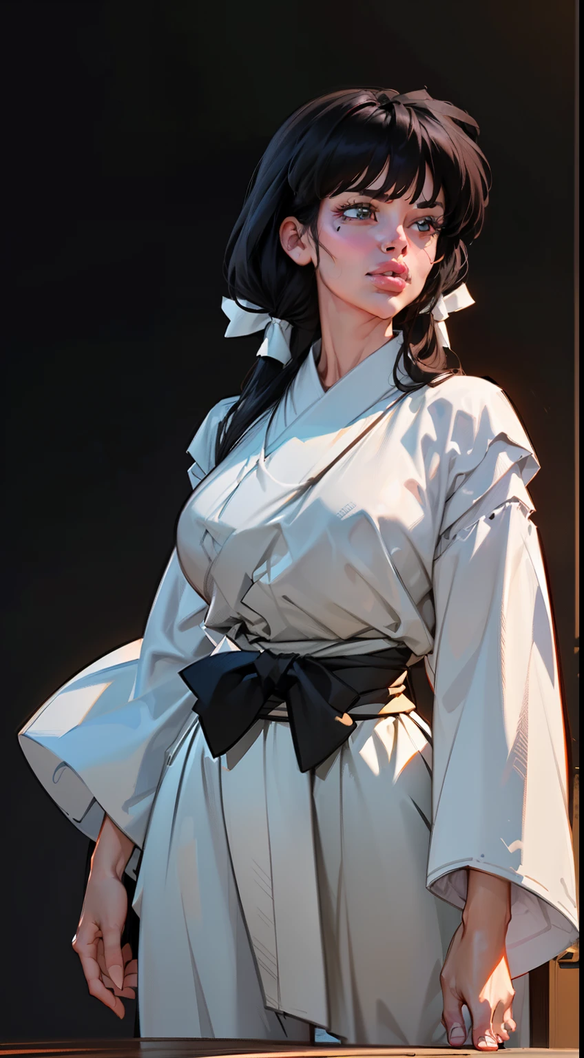 ((Dynamic view)), (((1girl:1.8))), ((long hair:1.3)),  style, ((hair bangs:1.4)), anime style, (((kikyo))) (((black hair:1.6))) (((smoldering eyes))), ((kimono band around waist:1.5)), ((inuyasha)), 8k, 4k, Unreal Engine 5, octane render, ((gigantic breasts)), trending on pixiv, ((inuyasha character)) ((red kimono:1.4)), , skeb,  masterpiece,(skindentation:1.4), (full lips:1.5), ((white kimono on top:1.4)), (((sunset lighting))), smooth soft skin, big dreamy eyes, beautiful anime wide eyes, black background, concept art, digital painting,