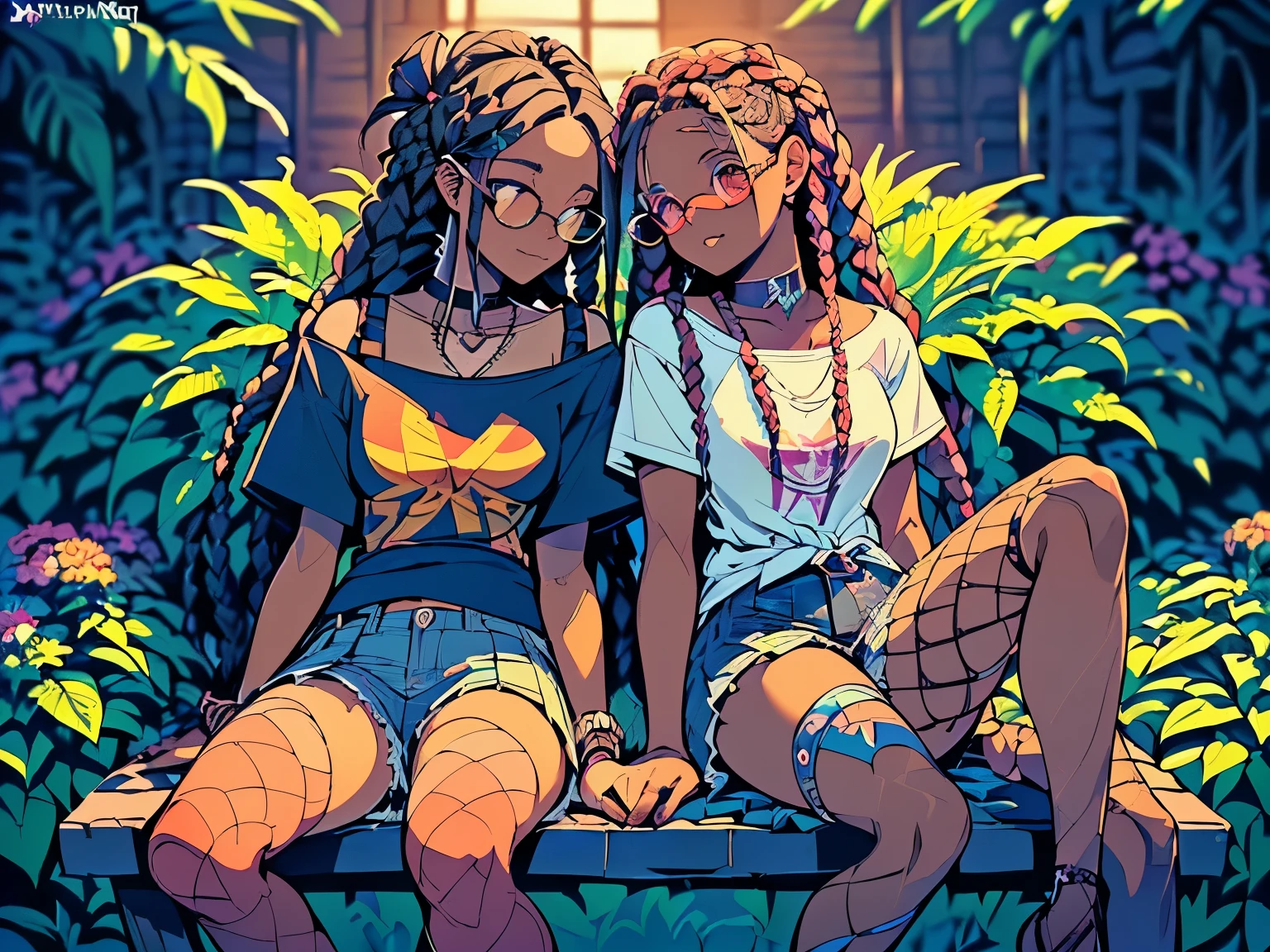 Photo of two people in lust spending a quiet morning together, {((joyful ((lithe short ((dark-skinned Honduran)) punk girl with long freeform braided locs hairstyle and hairy legs)) (wearing cropped punk T-shirt and pleated skirt with fishnet stockings), plump thighs and soft big jiggly , (wearing diamond choker necklace), (cannabis flower tattoos on arms and legs), plump legs spread apart}, holding each other's hands, girl sitting next to a ((cheerful tanned Haitian Dominican boy with long braided hair and glasses wearing colorful "death metal" shirt with houndstooth jeans)) in middle of garden rolling up herbal joint while peacefully observing the sunrise, high quality photo, sitting quietly (with many cannabis sativa plants and juniper shrubs in garden during foggy sunrise)