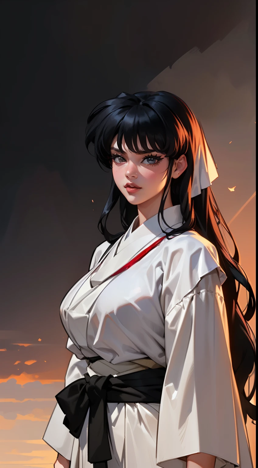 ((Dynamic view)), (((1girl:1.8))), ((long hair:1.3)), style, ((hair bangs:1.4)), anime style, (((kikyo))) (((black hair:1.6))) (((smoldering eyes))), ((kimono band around waist:1.5)), ((inuyasha)), 8k, 4k, Unreal Engine 5, octane render, ((gigantic breasts)), trending on pixiv, ((inuyasha character)) ((red kimono:1.4)), , skeb, masterpiece,(skindentation:1.4), (full lips:1.5), ((white kimono on top:1.4)), (((sunset lighting))), smooth soft skin, big dreamy eyes, beautiful anime wide eyes, black background, concept art, digital painting,