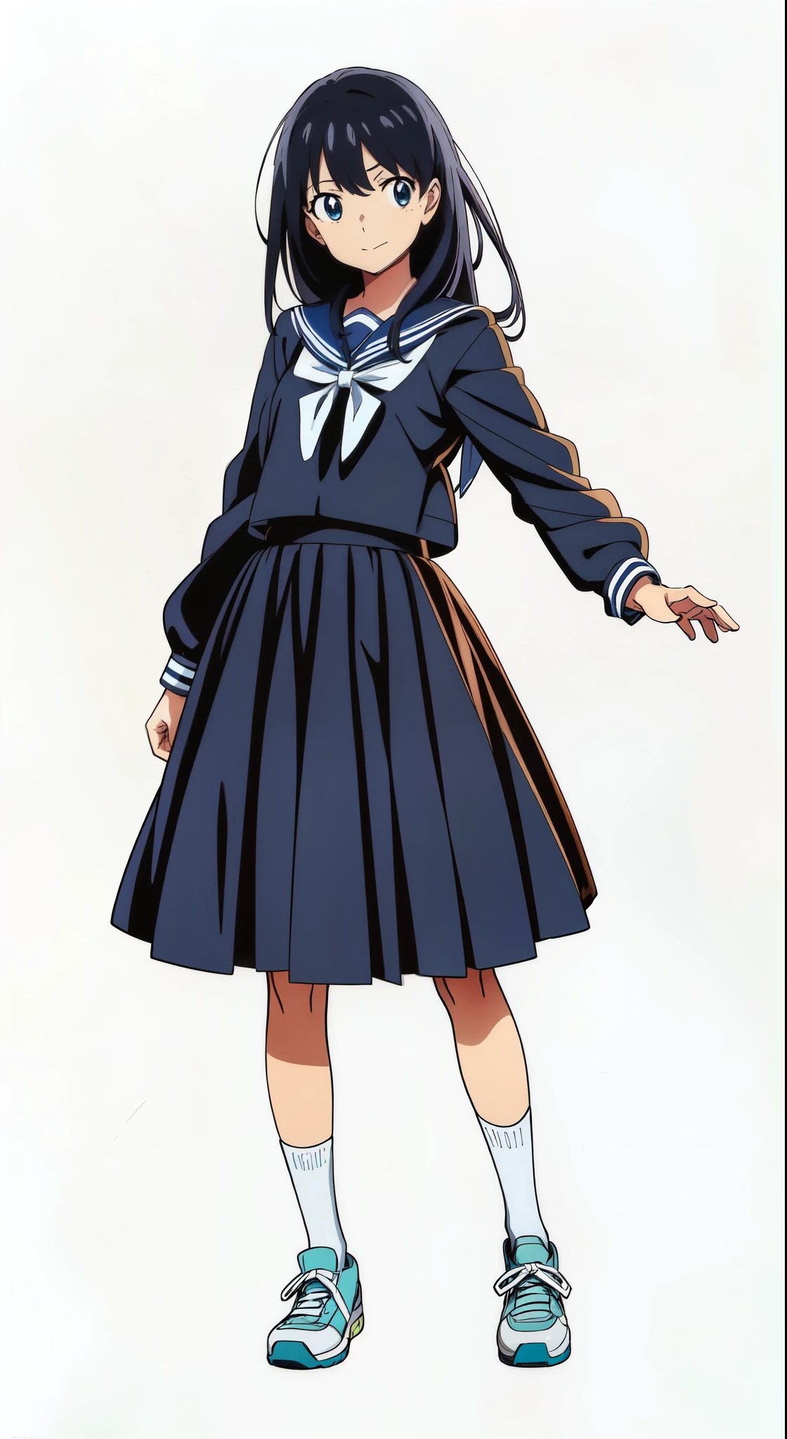 (best quality:2.0), (best quality:2.0), (white background:1.0), (anime:2.0), (official art:2.0), (best quality:2.0), (masterpiece:1.0), (full body:1.0), (solo:1.0), (a 15yo cute girl:1.5), (long skirt:1.0), (dark blue skirt:1.0), (pleated skirt:1.0), (dark blue sailor uniform:1.0), (long sleeve sailor uniform:1.0), (sneakers:1.0), (white socks:1.0), (ideal ratio body proportions:1.0), (lanky:1.0), (tall:1.0), (slender:1.0), (small breasts:1.0), (smaller face:1.0), (tareme:1.5), (detailed beautiful eyes:1.5), (detailed beautiful face:1.5), (glowing black eyes:1.0), (medium hair:1.0), (black hair:1.0), (standing:1.0), (looking at viewer:1.0)