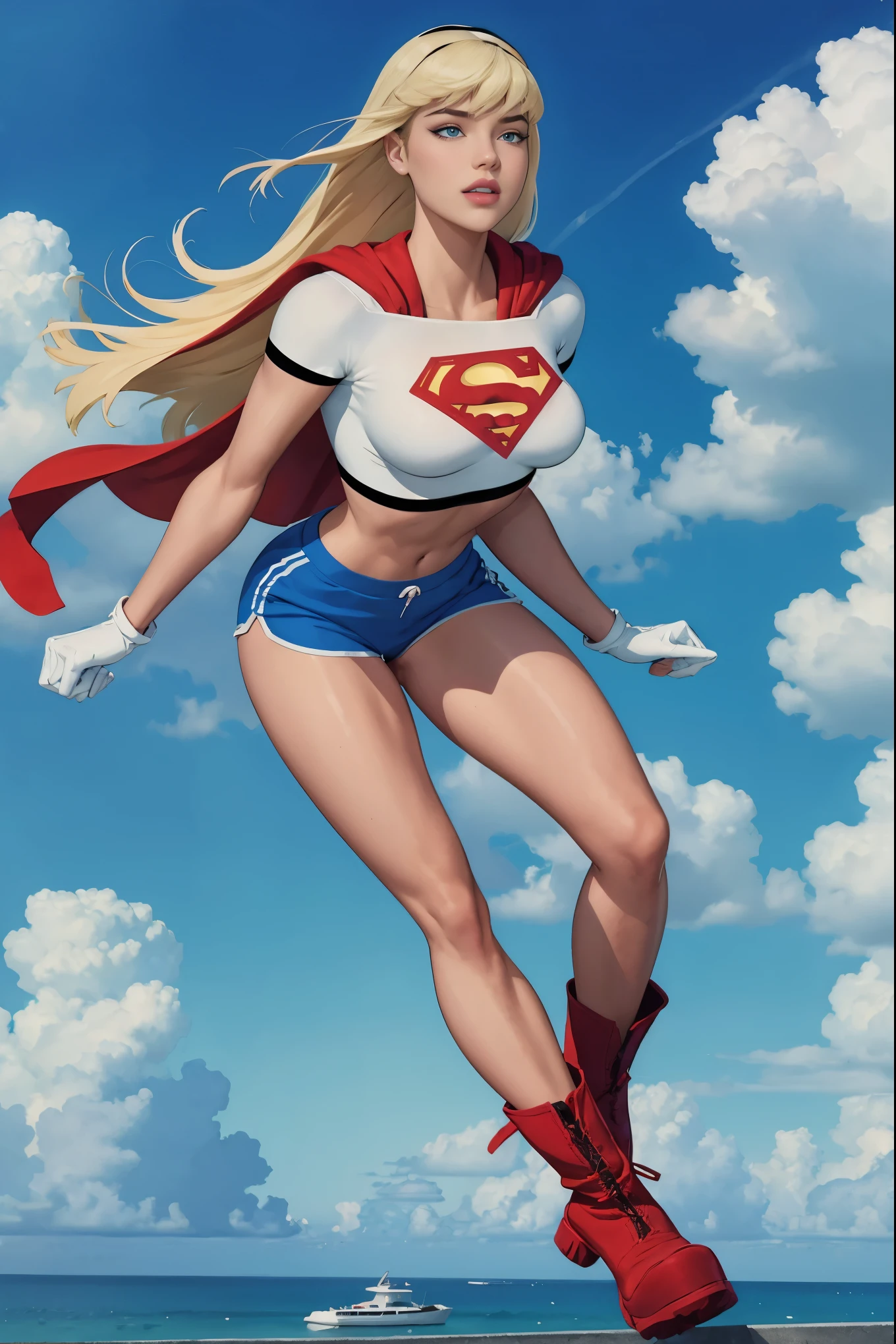 Supergirl,1girl,long blonde hair,hair band,white crop top,dolphin shorts, whitegloves,boots, floating in the clouds, large breasts, half shirt showing bottom halves of her breasts, dynamic, sexy, slutty