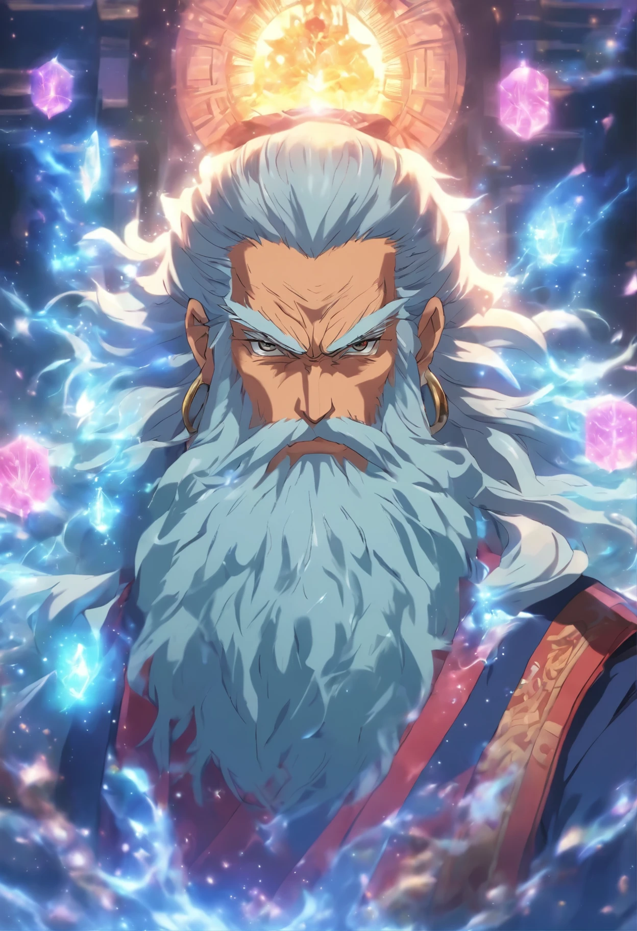 Description: Master Ryuto is a wise old man with a long beard and traditional master's clothing.. Ele segura um cajado com um cristal incrustado. Na imagem, he is in a meditative posture, com a sabedoria refletida em seus olhos.
