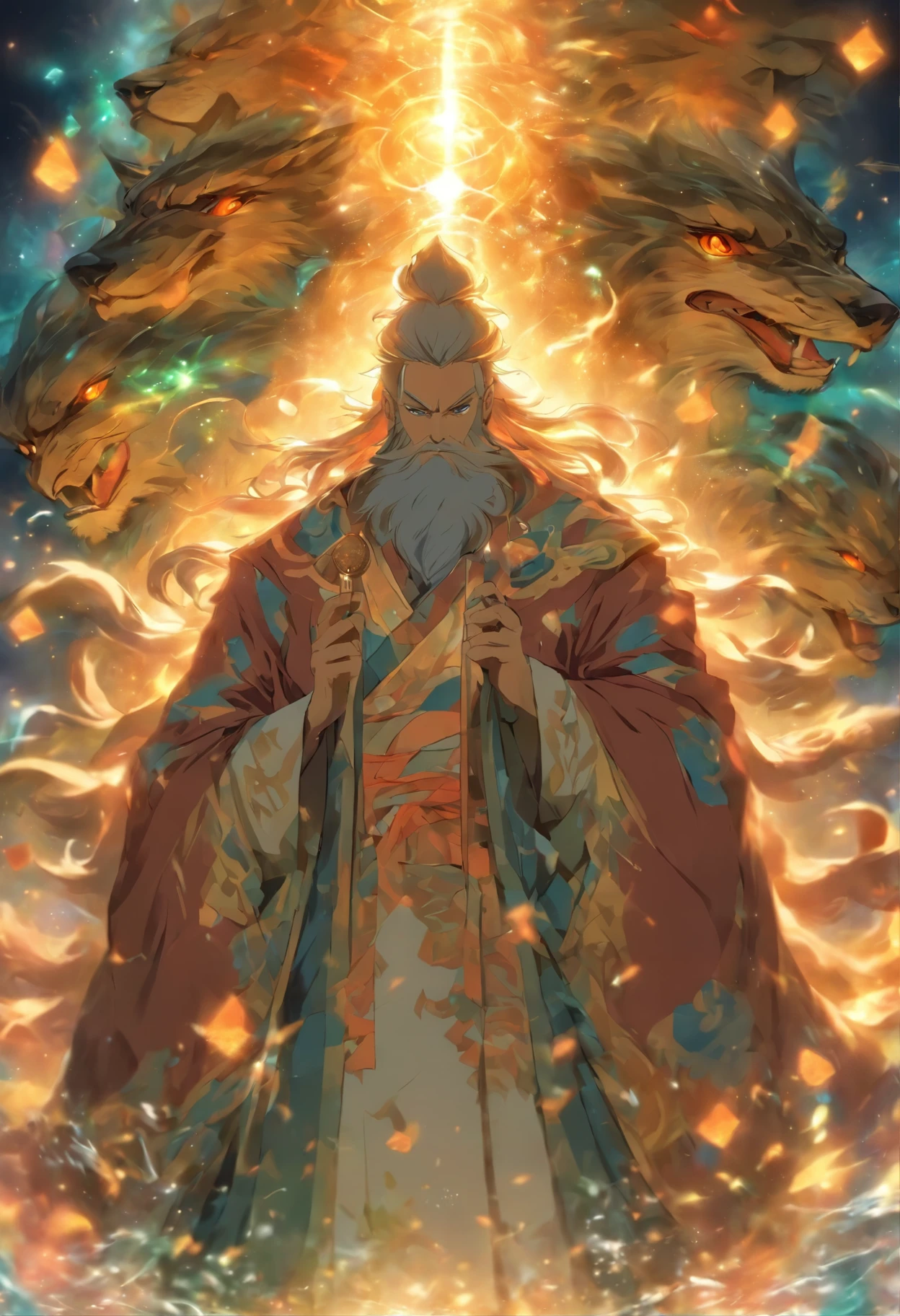 Description: Master Ryuto is a wise old man with a long beard and traditional master&#39;s clothing.. Ele segura um cajado com um cristal incrustado. Na imagem, he is in a meditative posture, com a sabedoria refletida em seus olhos.