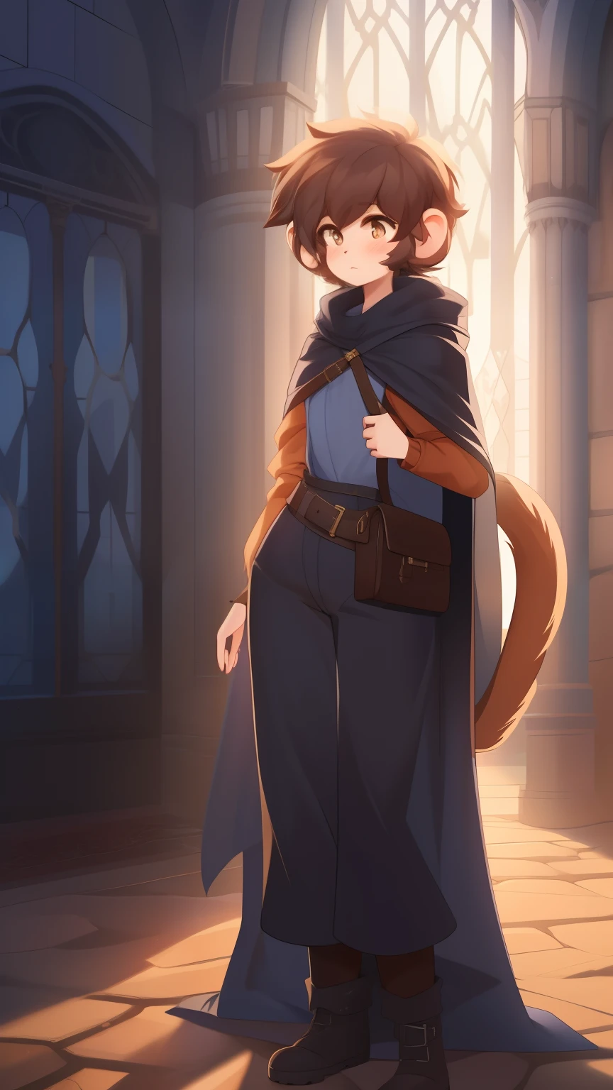 Best quality, Super detailed illustration, (1 boy:1.2), (fluffy monkey:1.4) , feminine face and body, disheveled thick hair, baggy pants, ankle boots, Cloak, Waist bag, baggy sweater, playful emotion, Femboy, small waist, wide hips, Slim, perfect body, don't bother style