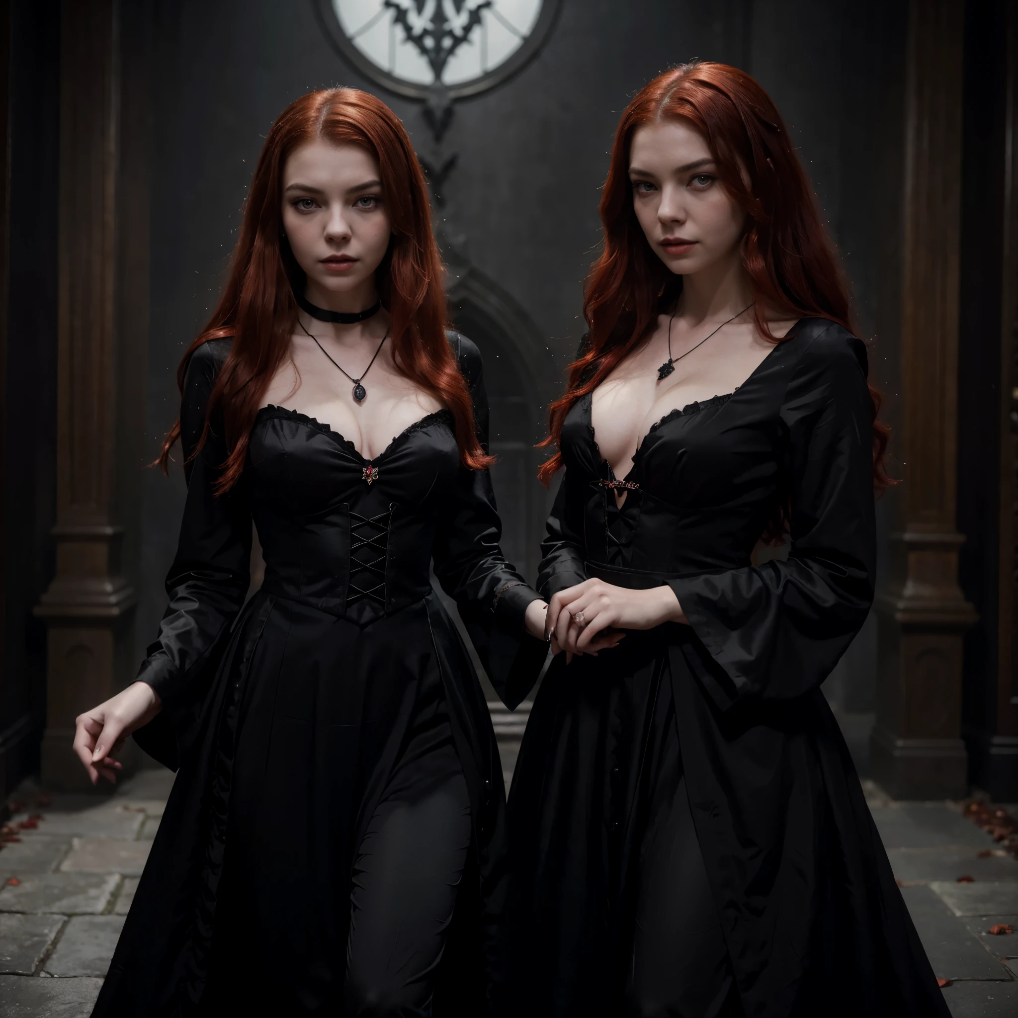 arafed woman in a black dress with red hair and a necklace, promotional still, anya taylor - joy vampire queen, artstyle tom bagshaw, beautiful female vampire, carmilla vampire, portrait of a young witch, vampire fashion, samara weaving vampire, tom bagshaw weta studio, with red hair, photo still, witchy clothing, beautiful female witch