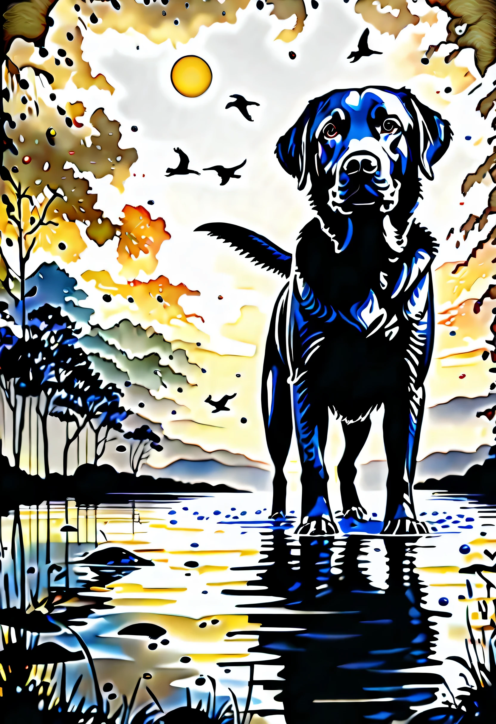 (Masterpiece at full 16K resolution:1.6),((UMC_Espirrar_until):1.3),((labrador_recuperador_Espirrar_until):1.5) ((Escuro_precedente_silhueta_illustration):1.2),(detalhe emaranhado:1.4), (extremely precedente detail:1.4),(mas alta qualidade:1.3),(hiper_realista:1.3). | Preto e branco, labrador_recuperador, (cachorro), detalhes sutis, Fundo de estilo de arte japonesa, sdet lightemg, Captivating composition, labrador recuperador silhueta, untilistic emterpretation. | ((Silhoutte_labrador_recuperador__em_UMC_Espirrar_until):1.5), Dark decorations, each until detailed and rendered with a masterful gouache technique, Silhoutte until behance,surreal, Gives an exotic aura. | (perfeito_femgers:1.0), (perfeito_pernas:1.0), melhorar_hands, bandeira dos eua, mas_detalhe.
