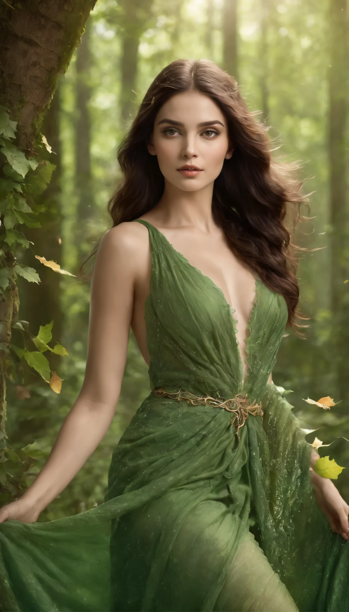 A young beautiful woman, goddess of forest, long wet brunette hair, perfect body, perfect round breast, soft and attractive, wearing ancient styled green peplos, standing and starring, tree roots are spiraling around her, high resolution, fantasy photo, vivid, medium closed up view, Enter a captivating scene, How energetic falling leaves ignite the air around you, Creates a stunningly dynamic atmosphere. Creative lighting styles bathed in brilliant light, nature light, Harmonizes with rotating falling leaves . Crafted with meticulous precision,Render in stunning 10k high resolution, This masterpiece incorporates the artistic medium of digital illustration, Mystical realism, and contemporary surrealism, The ethereal beauty of nature sparklings, leaves enhance the sense of magic and wonder.