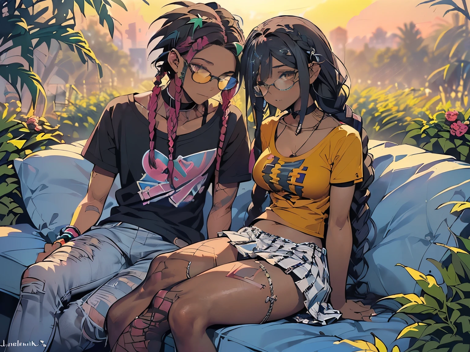 Photo of two people in love spending a quiet morning together, {((joyful ((lithe short ((dark-skinned Honduran)) punk girl with long freeform braided locs hairstyle and hairy legs)) (wearing cropped punk T-shirt and pleated skirt with fishnet stockings), plump thighs and soft big jiggly butt, (wearing diamond choker necklace), (cannabis flower tattoos on arms and legs), plump legs spread apart}, girl  sitting next to a ((cheerful tanned Haitian Dominican boy with long braided hair and glasses wearing colorful shirt with black jeans)) in middle of garden rolling up herbal joint while peacefully observing the sunrise, high quality photo, sitting quietly (with many cannabis sativa plants and juniper shrubs in garden during foggy sunrise)