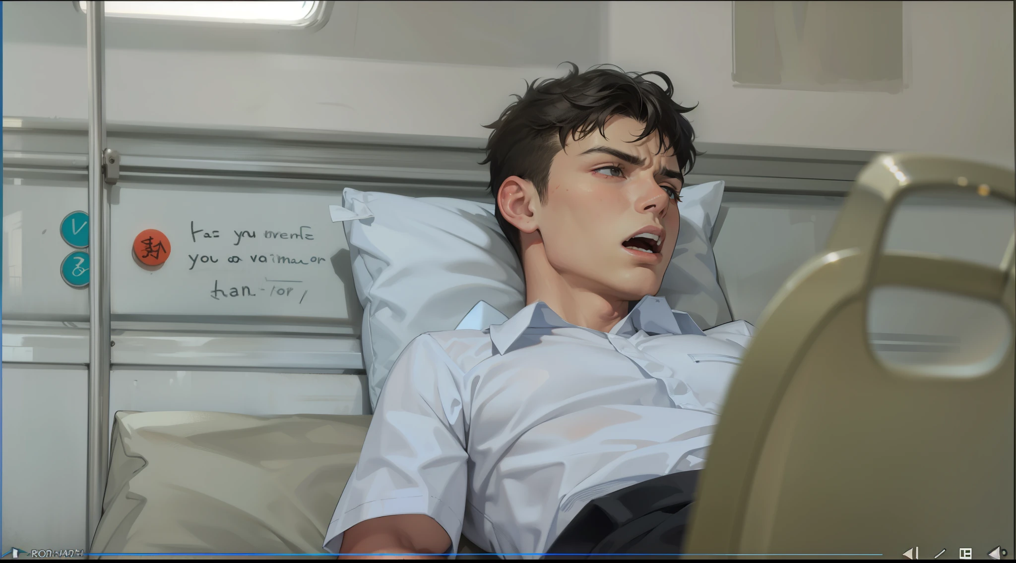 There is a handsome 17-year-old boy who is upset and screams with his mouth open.